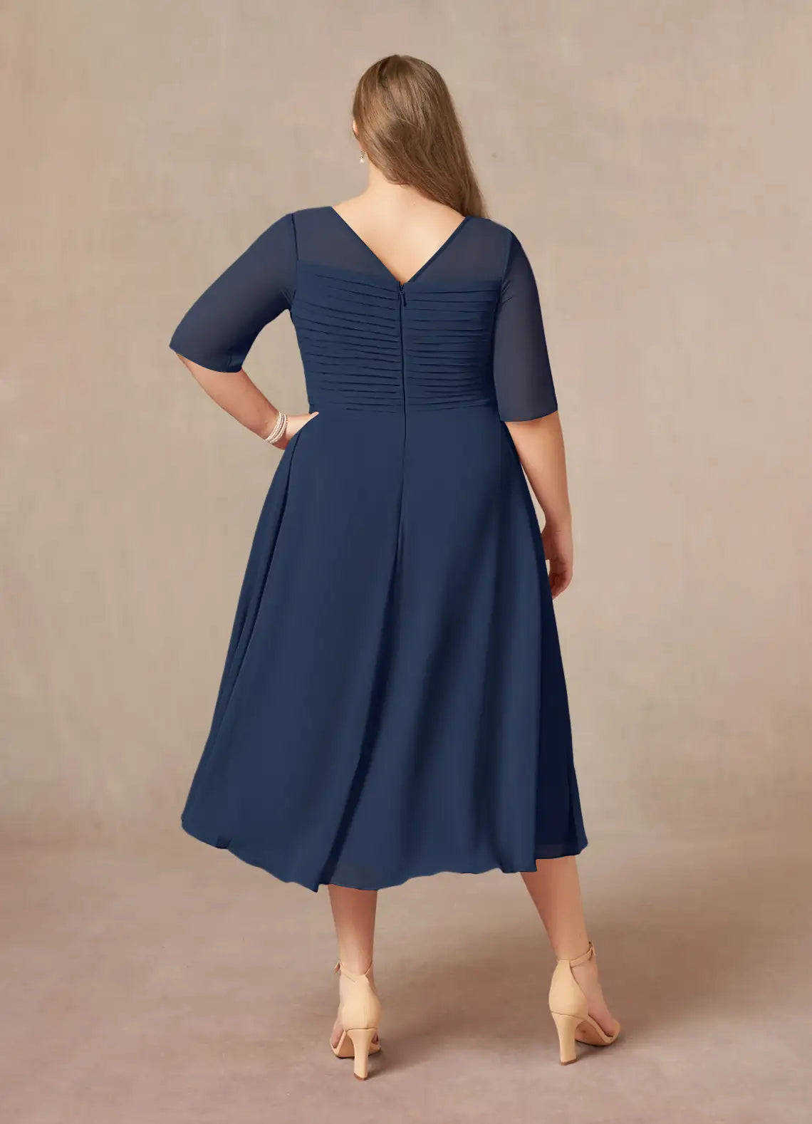 Robe élégante bleu marine foncé, coupe trapèze, col bateau, mousseline plissée, grande taille, pour mère de la mariée, manches courtes, dos en V, longueur thé 