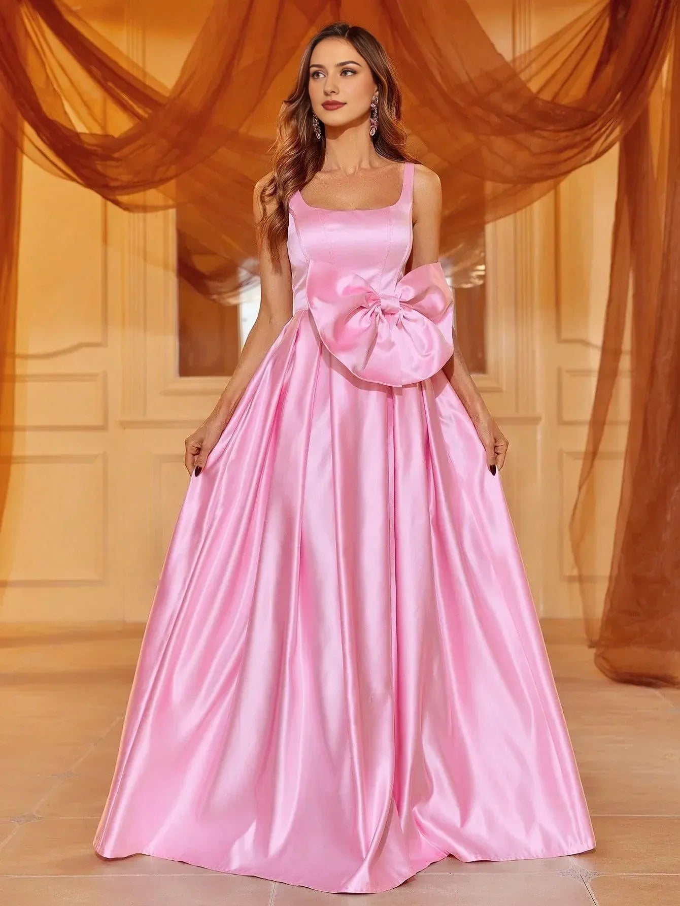 Elegant Evening Dresses/ Bow Front Square Neck Sleeveless Satin Dress Evening Dresses/ Evening Dresses For Women