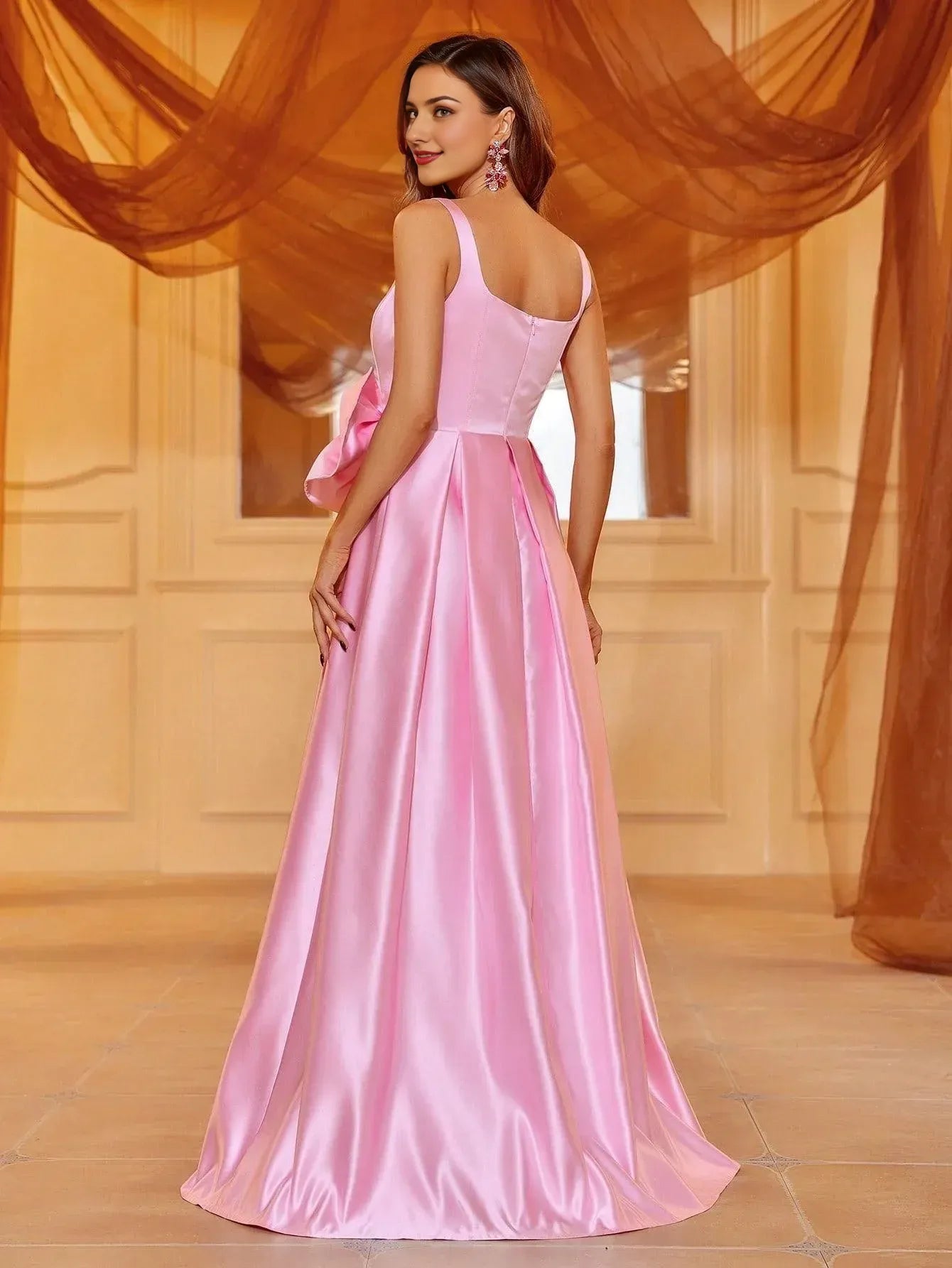 Elegant Evening Dresses/ Bow Front Square Neck Sleeveless Satin Dress Evening Dresses/ Evening Dresses For Women