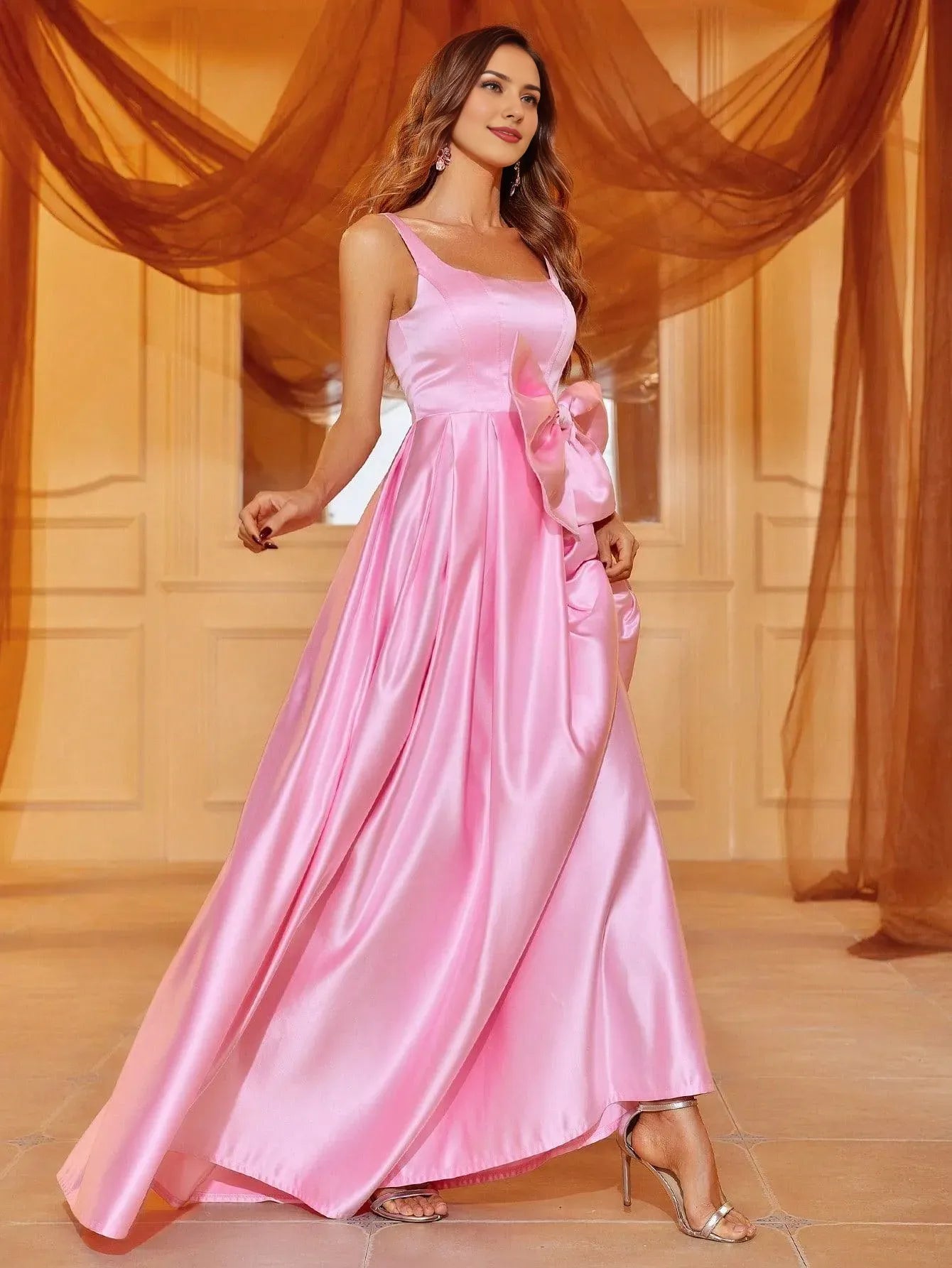 Elegant Evening Dresses/ Bow Front Square Neck Sleeveless Satin Dress Evening Dresses/ Evening Dresses For Women