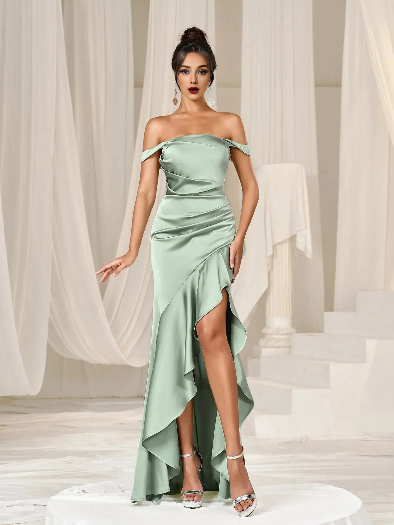 Elegant Evening Dresses/ Elegant Off Shoulder Asymmetrical Ruffle Hem Party Dress Evening Dresses/ Evening Dresses For Women