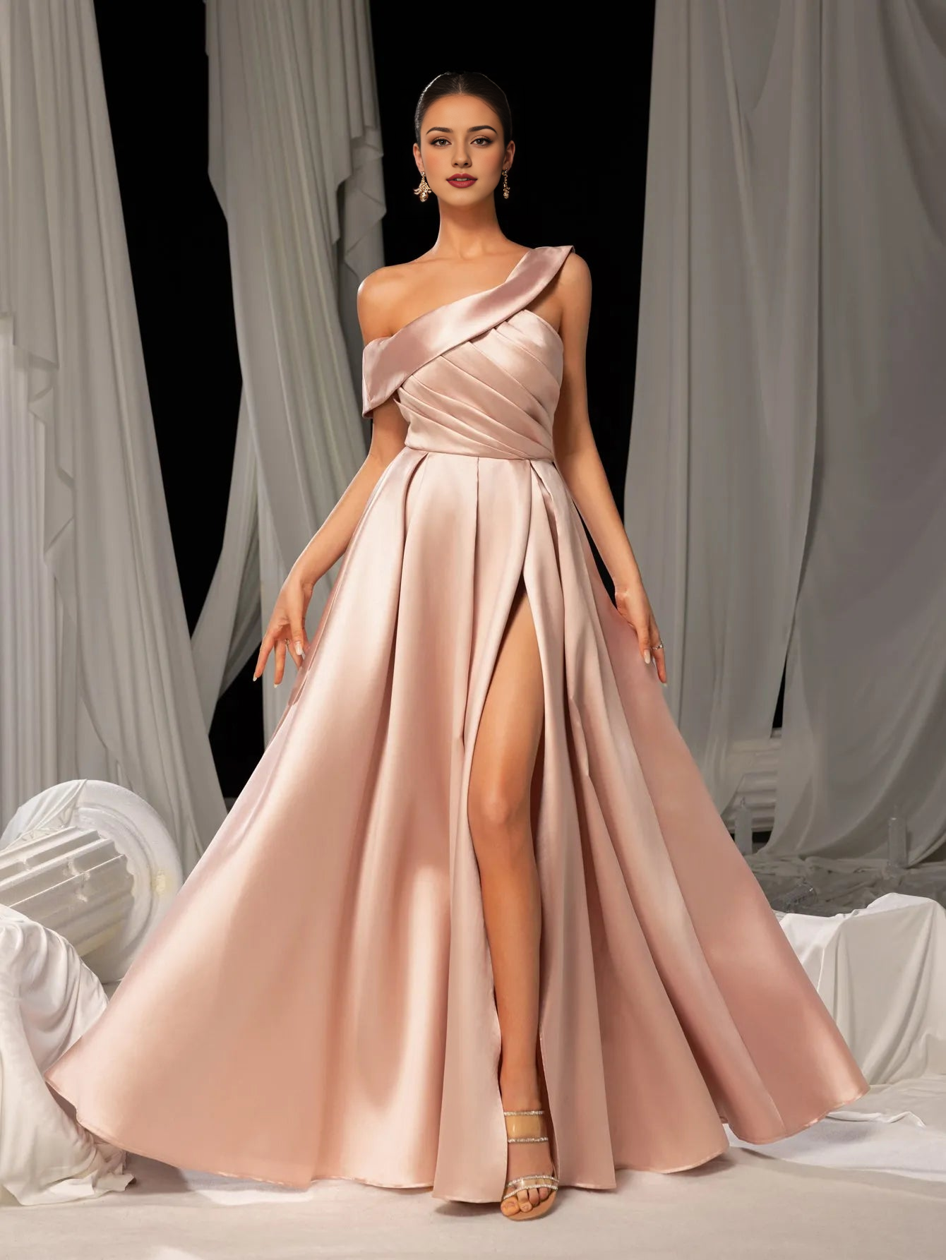 Elegant Evening Dresses/ Elegant Sloping Neck Split A-line Satin Formal Prom Dress Evening Dresses/ Evening Dresses For Women