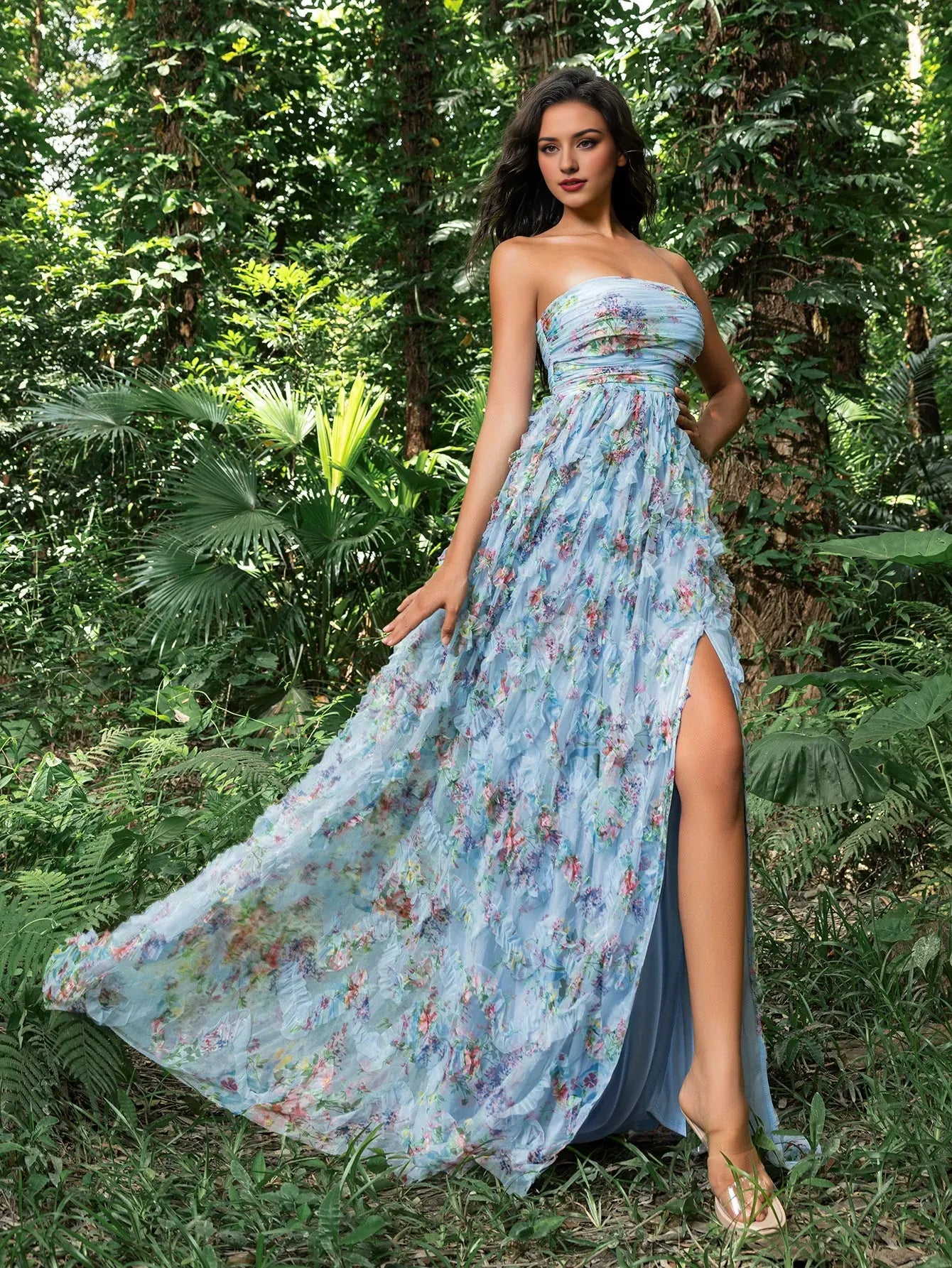 Elegant Evening Dresses/ Floral Printed Mesh Overlay Off-the-Shoulder Party Dress Evening Dresses/ Evening Dresses For Women