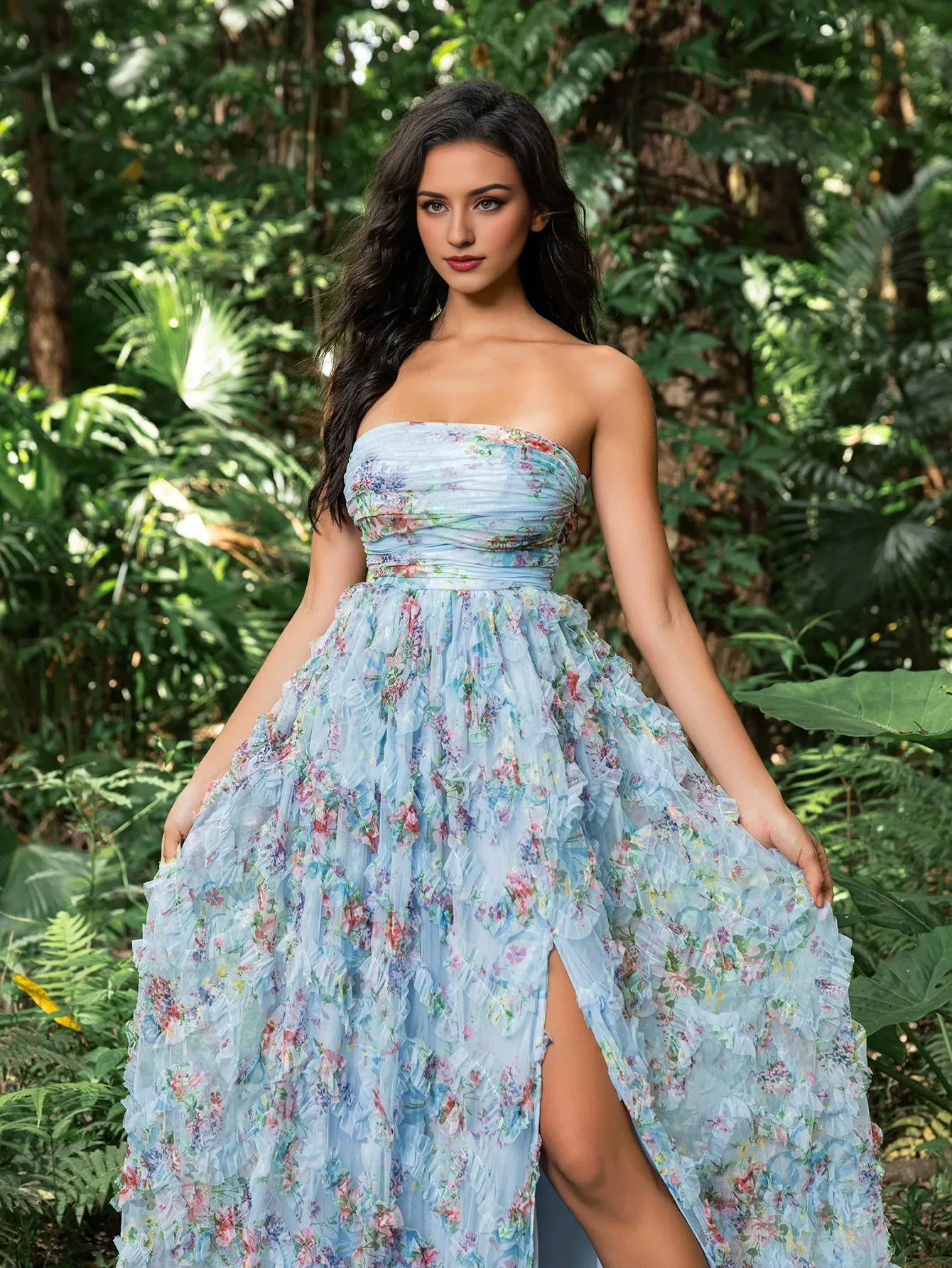 Elegant Evening Dresses/ Floral Printed Mesh Overlay Off-the-Shoulder Party Dress Evening Dresses/ Evening Dresses For Women