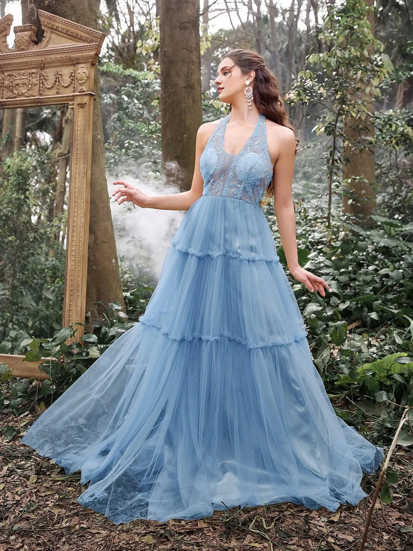 Elegant Evening Dresses/ Gorgeous Applique Detail Halter Neck Tiered Tulle Prom Dress Evening Dresses/ Evening Dresses For Women