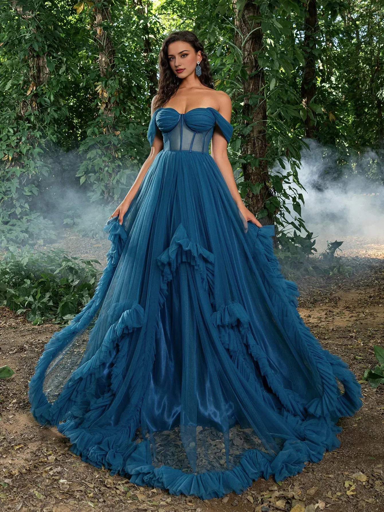 Elegant Evening Dresses Gorgeous Off Shoulder Sheer Corset Bodice Ruffle Trim Tulle Prom Dress Evening Dresses/ Evening Dresses For Women