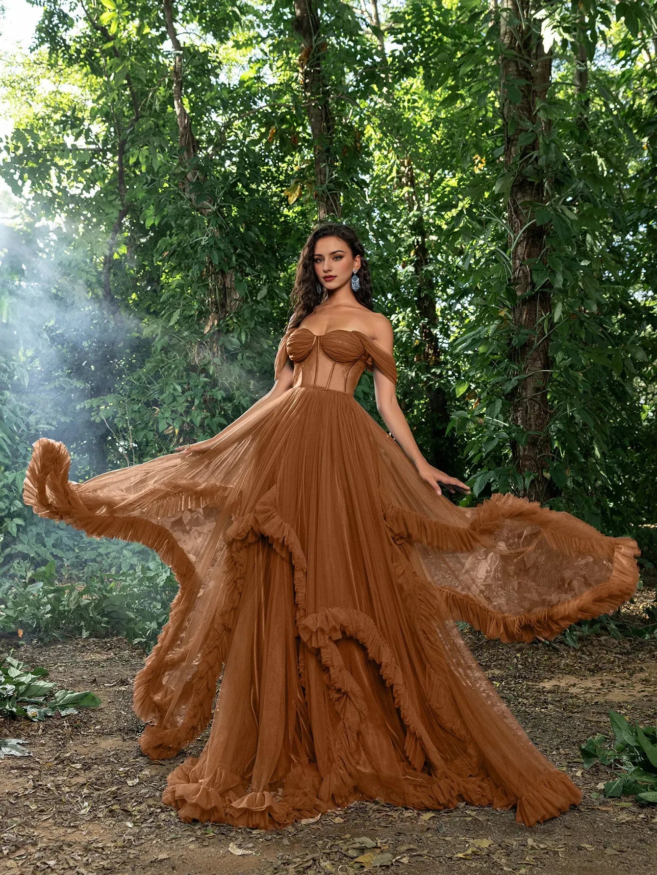 Elegant Evening Dresses Gorgeous Off Shoulder Sheer Corset Bodice Ruffle Trim Tulle Prom Dress Evening Dresses/ Evening Dresses For Women