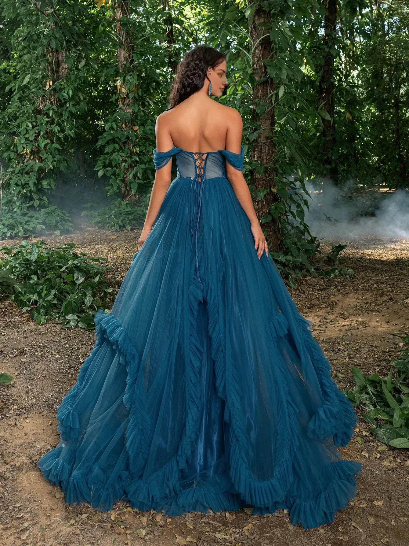 Elegant Evening Dresses Gorgeous Off Shoulder Sheer Corset Bodice Ruffle Trim Tulle Prom Dress Evening Dresses/ Evening Dresses For Women