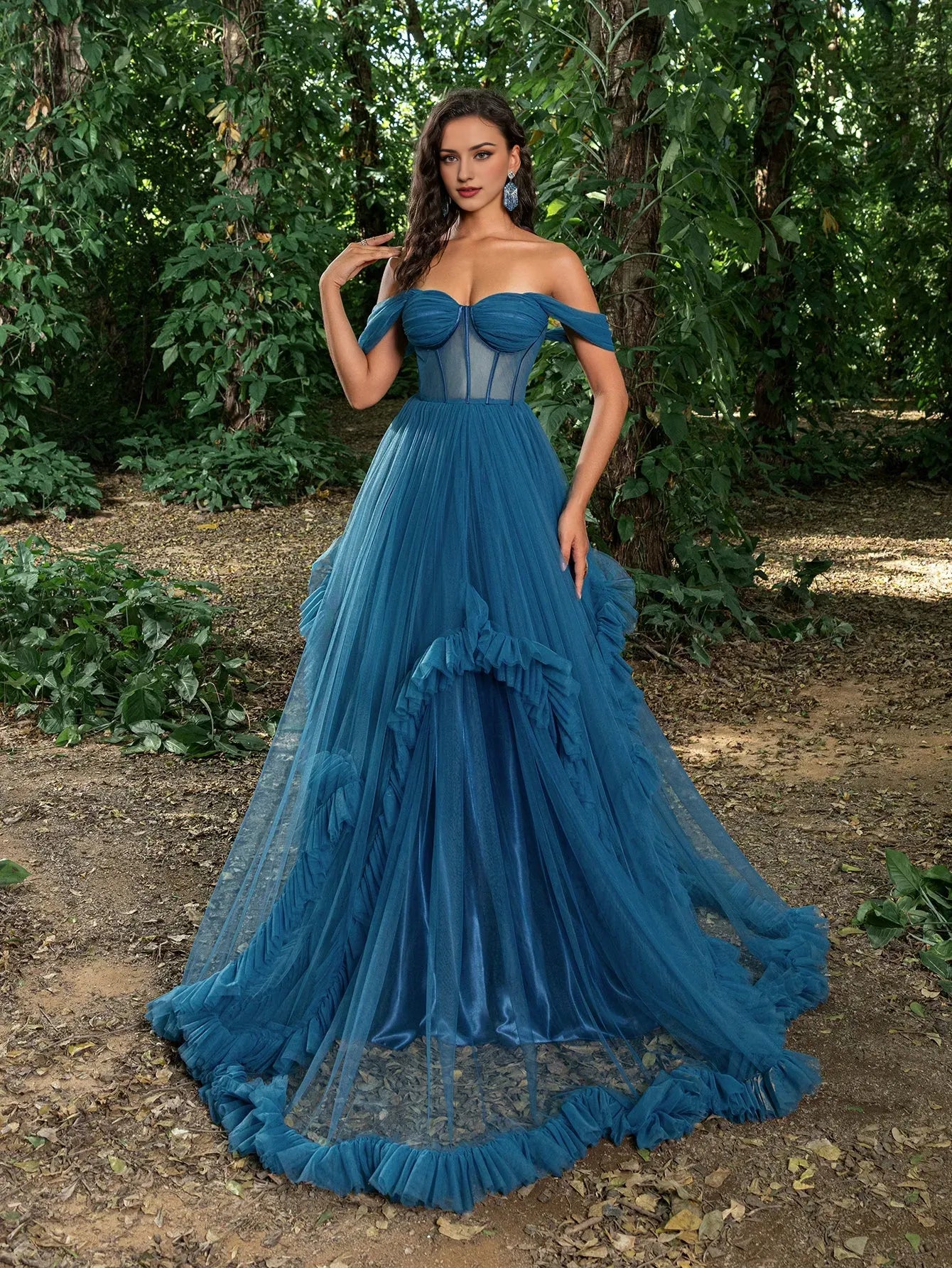 Elegant Evening Dresses Gorgeous Off Shoulder Sheer Corset Bodice Ruffle Trim Tulle Prom Dress Evening Dresses/ Evening Dresses For Women