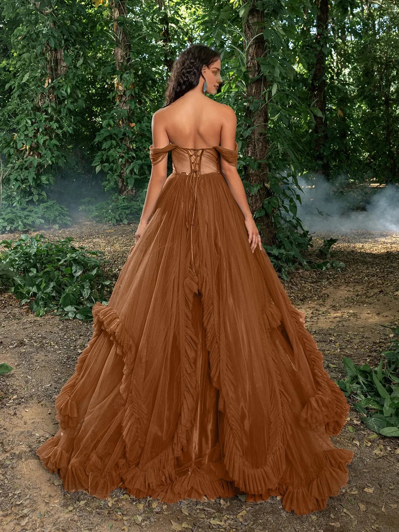 Elegant Evening Dresses Gorgeous Off Shoulder Sheer Corset Bodice Ruffle Trim Tulle Prom Dress Evening Dresses/ Evening Dresses For Women