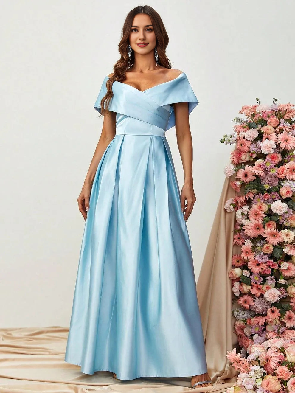 Elegant Evening Dresses/ Off Shoulder Fold Pleated Detail Satin A Line Dress Evening Dresses/ Evening Dresses For Women