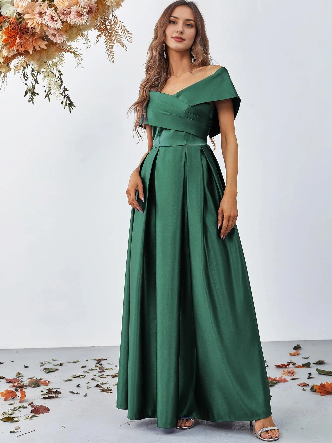 Elegant Evening Dresses/ Off Shoulder Fold Pleated Detail Satin A Line Dress Evening Dresses/ Evening Dresses For Women