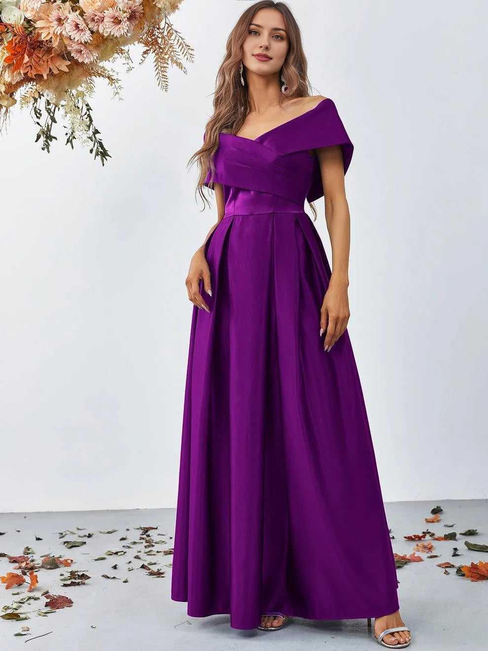 Elegant Evening Dresses/ Off Shoulder Fold Pleated Detail Satin A Line Dress Evening Dresses/ Evening Dresses For Women