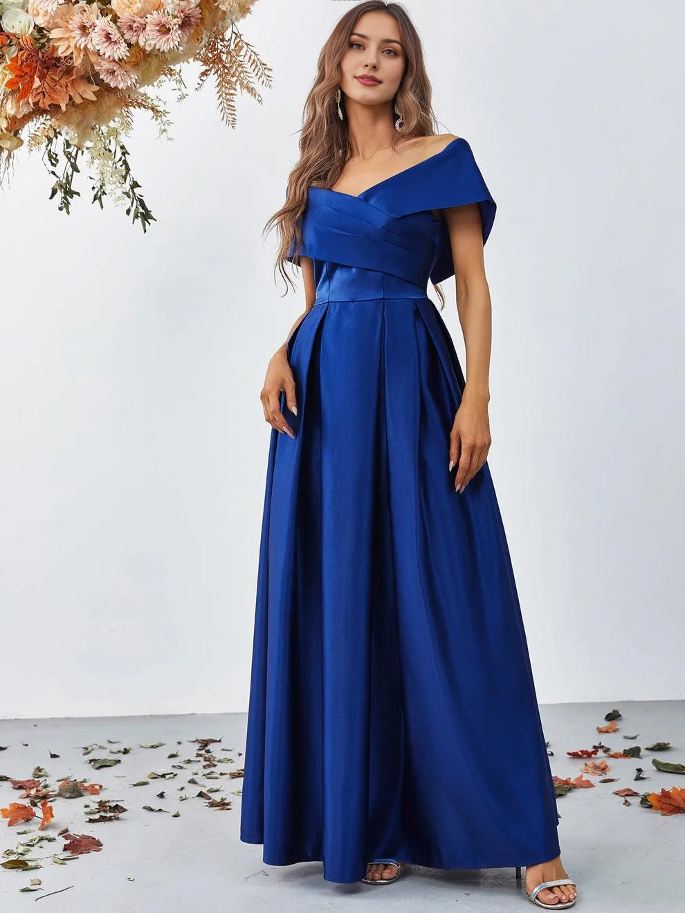 Elegant Evening Dresses/ Off Shoulder Fold Pleated Detail Satin A Line Dress Evening Dresses/ Evening Dresses For Women