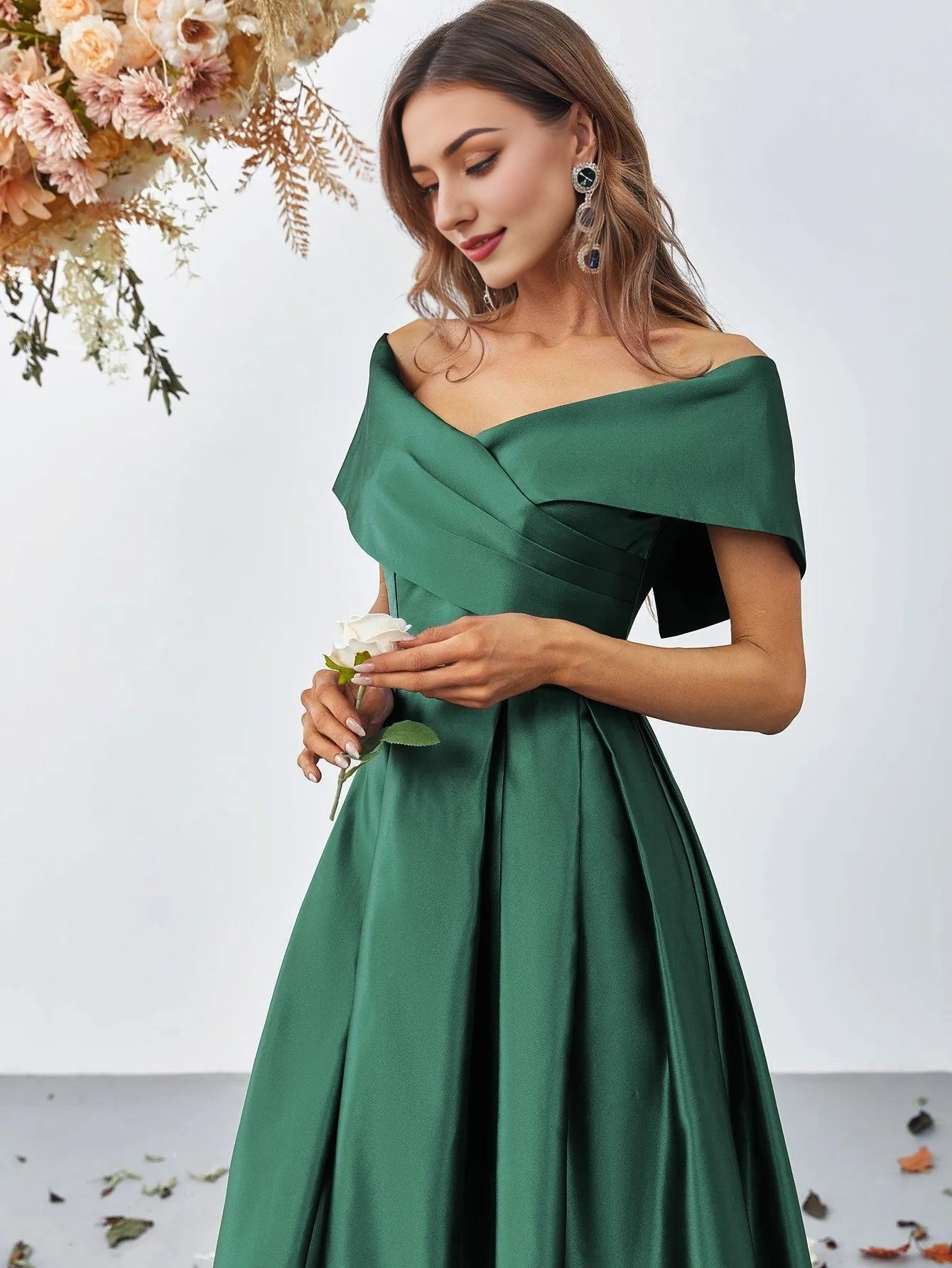 Elegant Evening Dresses/ Off Shoulder Fold Pleated Detail Satin A Line Dress Evening Dresses/ Evening Dresses For Women
