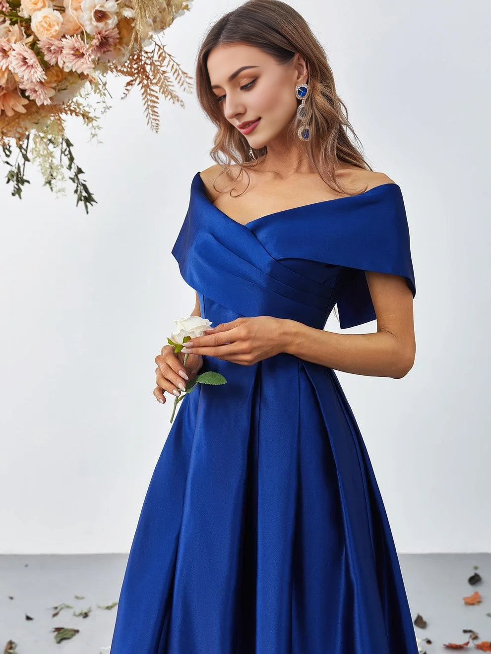 Elegant Evening Dresses/ Off Shoulder Fold Pleated Detail Satin A Line Dress Evening Dresses/ Evening Dresses For Women