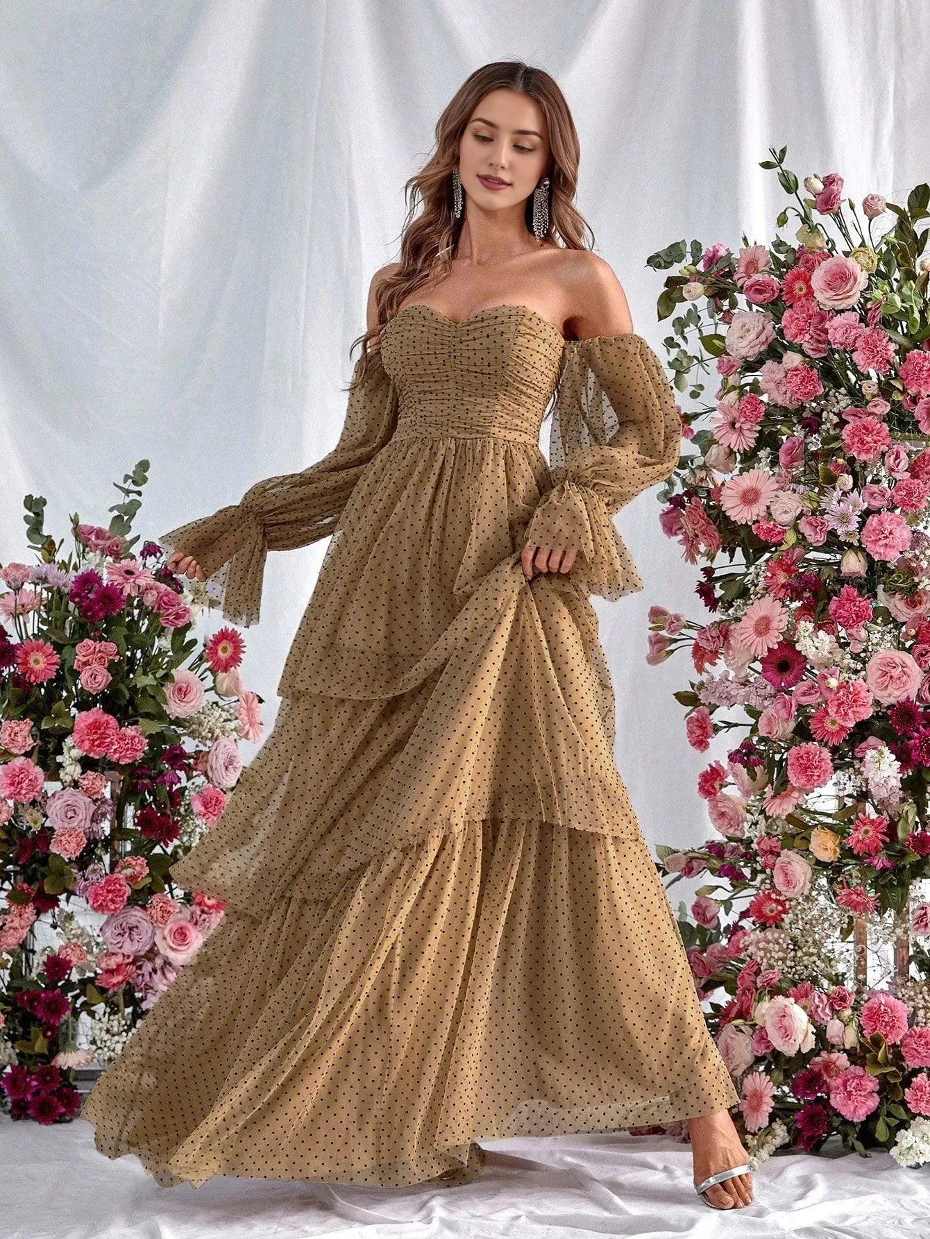 Elegant Evening Dresses/ Off Shoulder Lantern Sleeves Polka Dot Layered Dress Evening Dresses/ Evening Dresses For Women