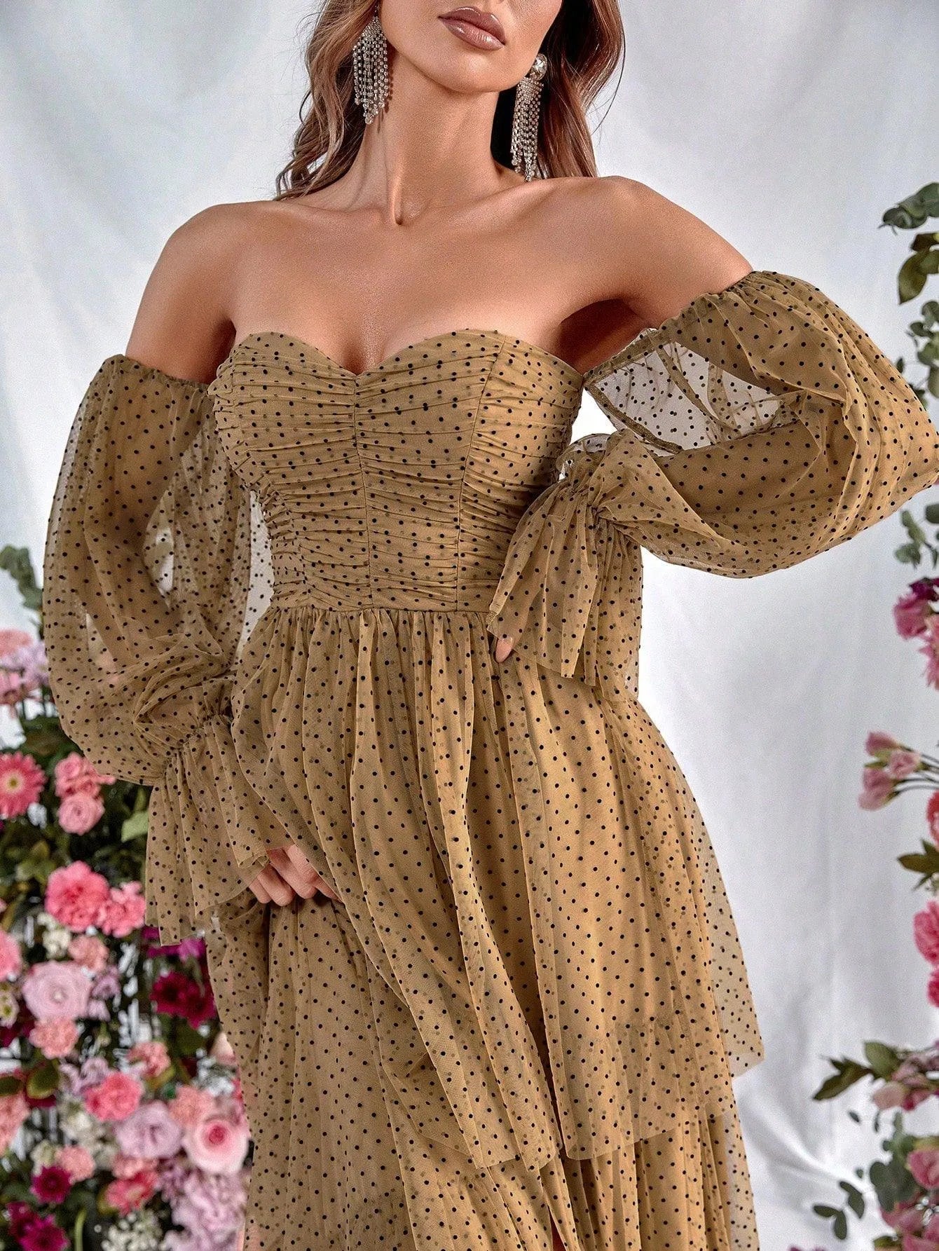 Elegant Evening Dresses/ Off Shoulder Lantern Sleeves Polka Dot Layered Dress Evening Dresses/ Evening Dresses For Women
