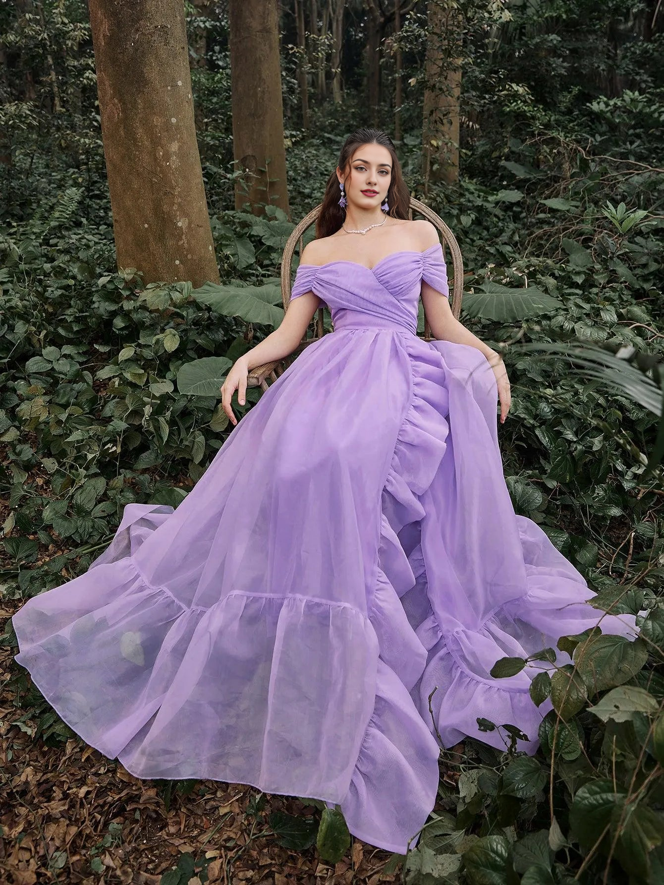 Elegant Evening Dresses/ Off Shoulder Ruffle Trim Split Thigh Prom Dress Evening Dresses/ Evening Dresses For Women