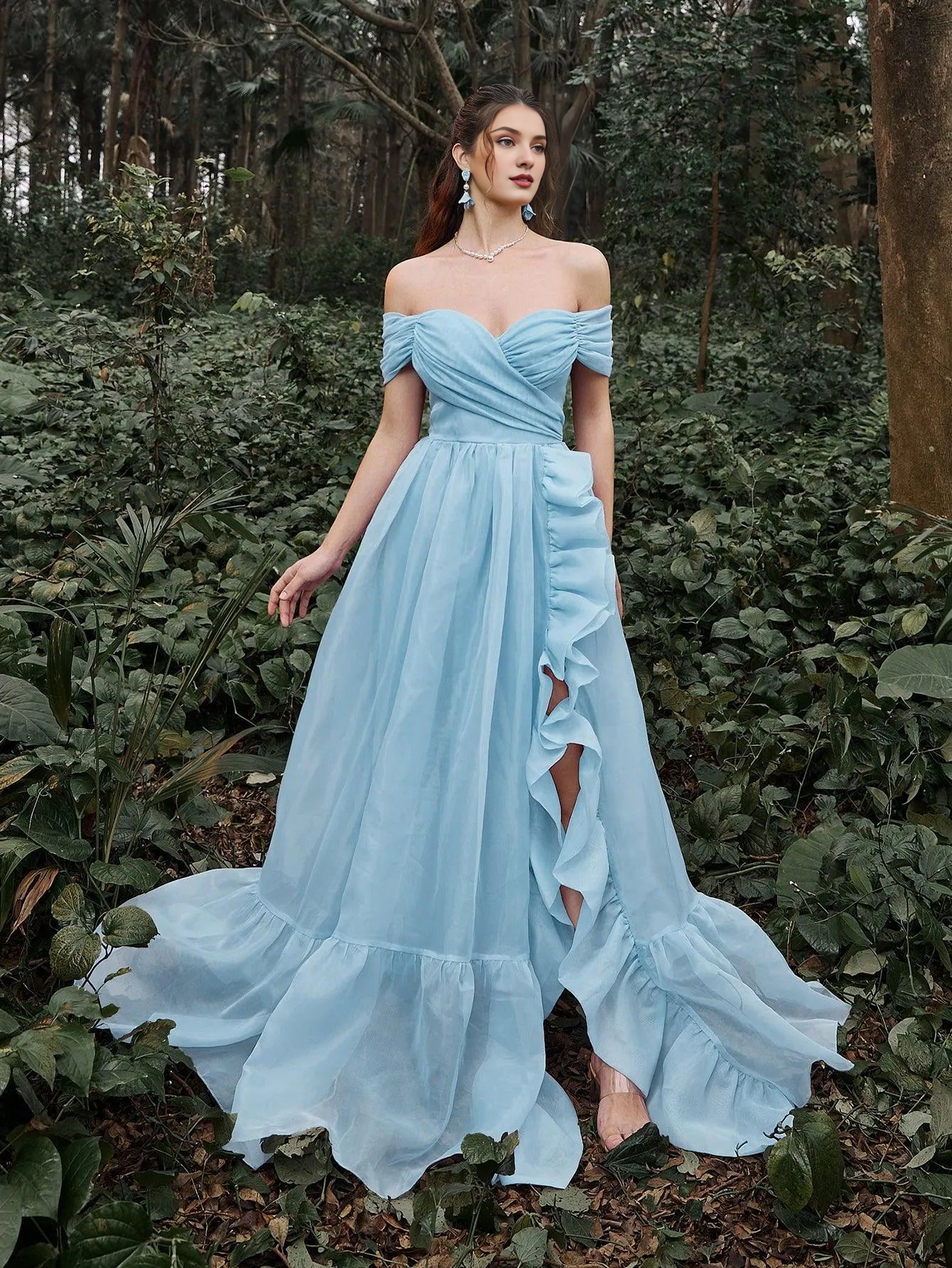 Elegant Evening Dresses/ Off Shoulder Ruffle Trim Split Thigh Prom Dress Evening Dresses/ Evening Dresses For Women