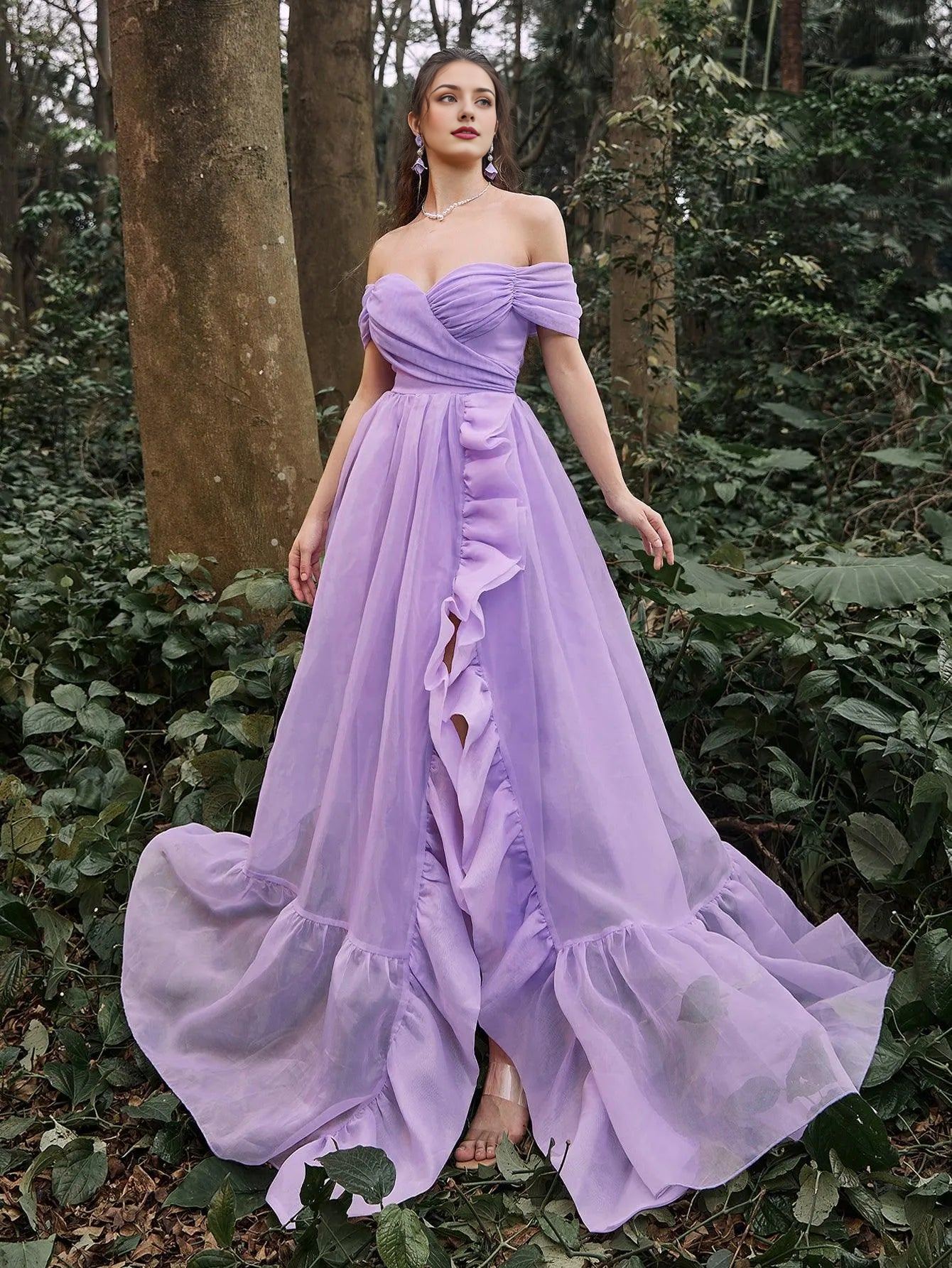 Elegant Evening Dresses/ Off Shoulder Ruffle Trim Split Thigh Prom Dress Evening Dresses/ Evening Dresses For Women