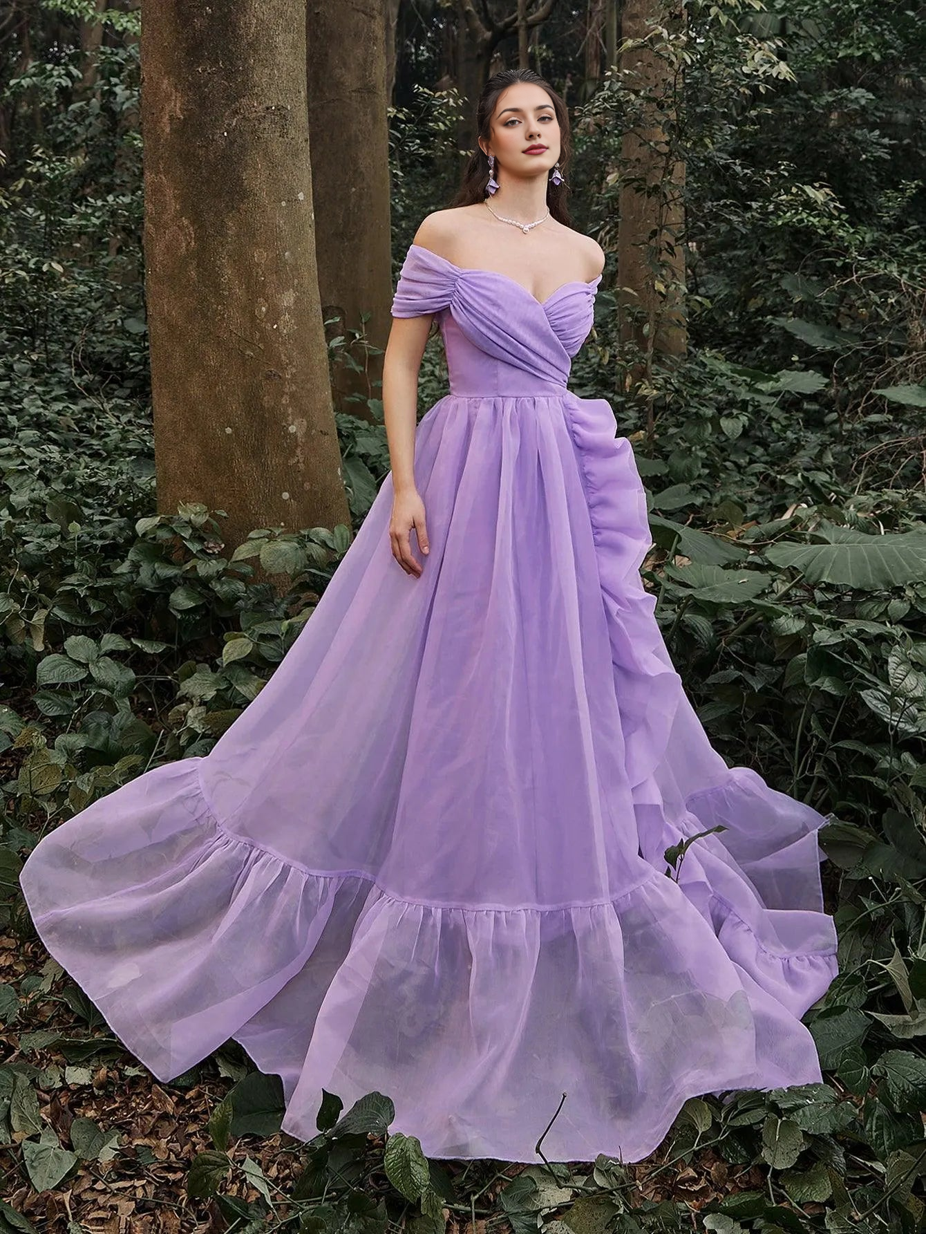 Elegant Evening Dresses/ Off Shoulder Ruffle Trim Split Thigh Prom Dress Evening Dresses/ Evening Dresses For Women