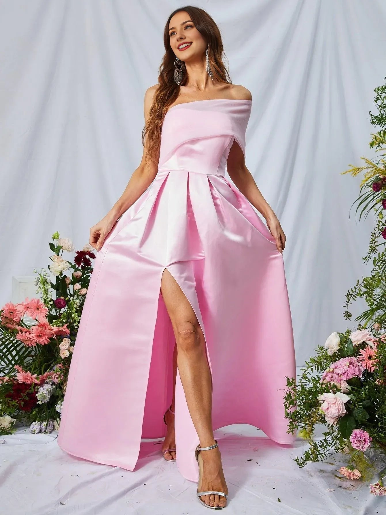 Elegant Evening Dresses/ One Shoulder Asymmetrical Neck Slit Satin A Line Prom Dress Evening Dresses/ Evening Dresses For Women