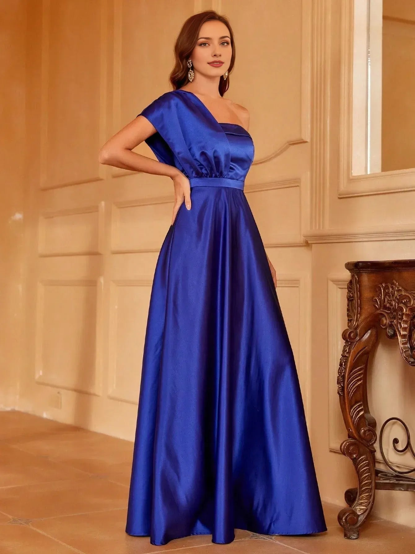 Elegant Evening Dresses/ One Shoulder Sleeveless Satin A line Dress Evening Dresses/ Evening Dresses For Women