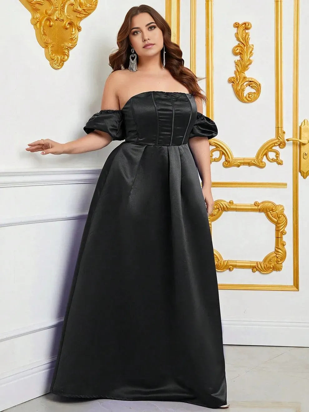 Robe de soirée élégante, épaules dénudées, manches bouffantes, buste froncé, robe de bal en satin, grande taille, noire, pour femme