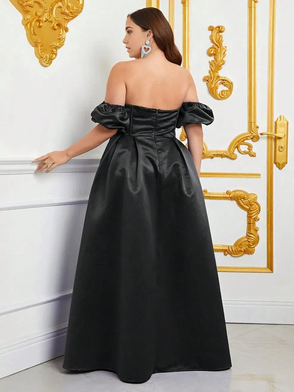 Robe de soirée élégante, épaules dénudées, manches bouffantes, buste froncé, robe de bal en satin, grande taille, noire, pour femme
