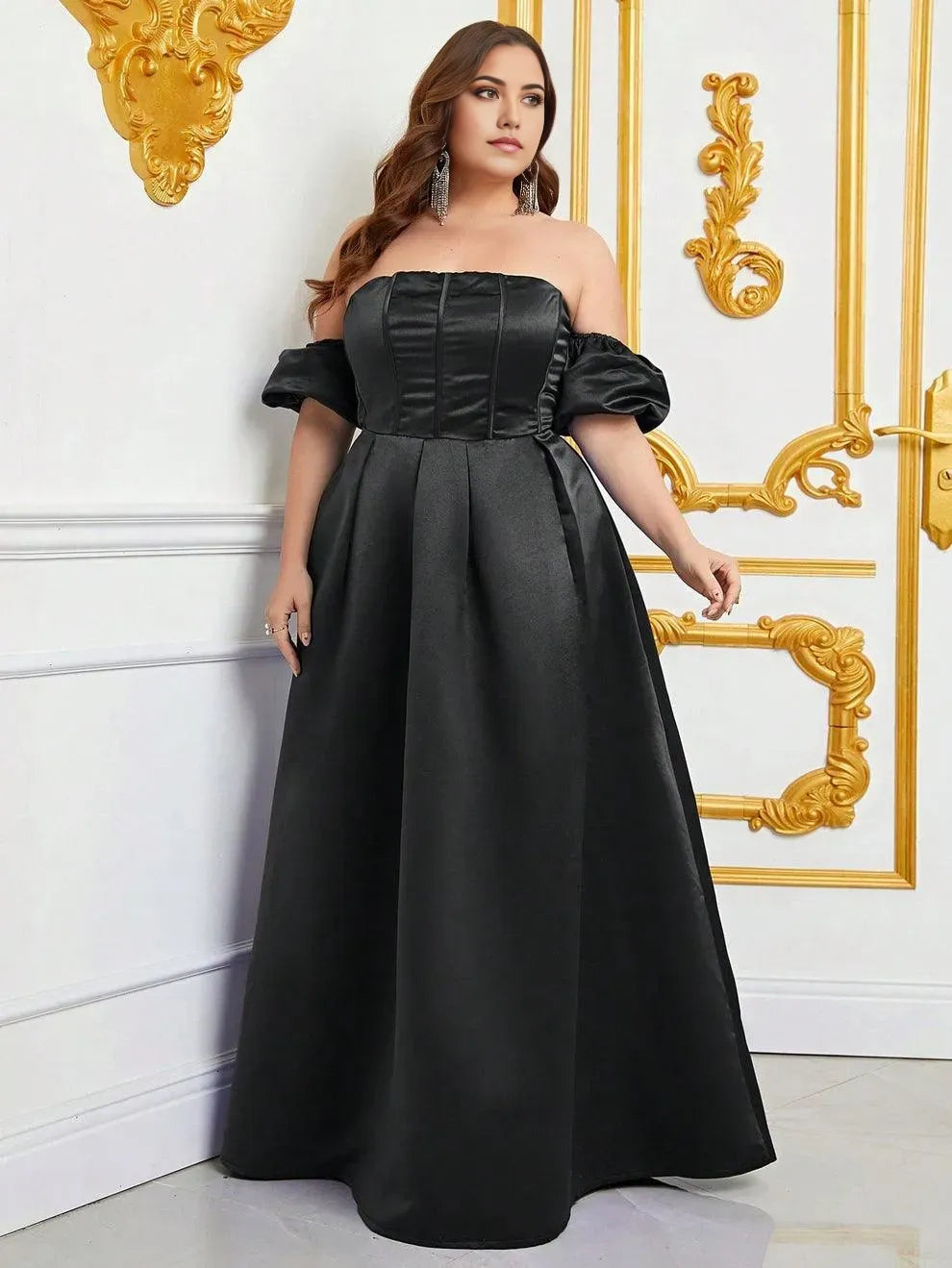 Robe de soirée élégante, épaules dénudées, manches bouffantes, buste froncé, robe de bal en satin, grande taille, noire, pour femme