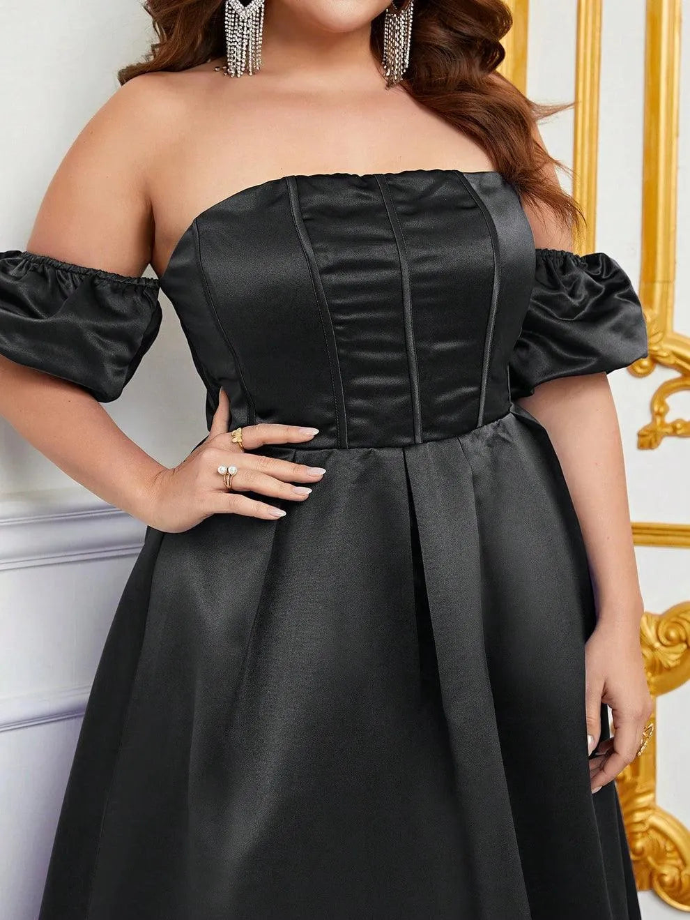 Robe de soirée élégante, épaules dénudées, manches bouffantes, buste froncé, robe de bal en satin, grande taille, noire, pour femme