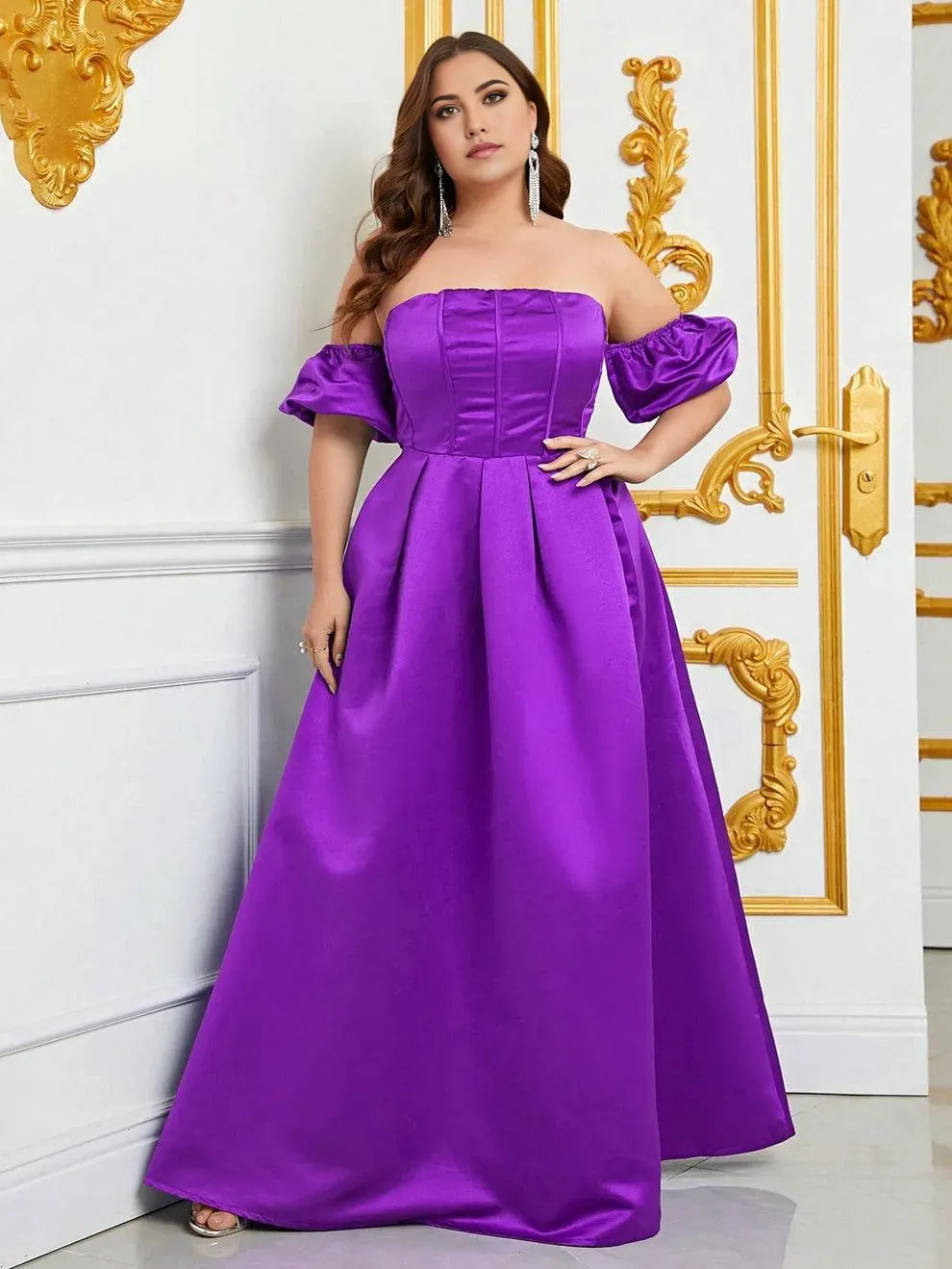 Robe de soirée élégante, épaules dénudées, manches bouffantes, buste froncé, robe de bal en satin, grande taille, noire, pour femme
