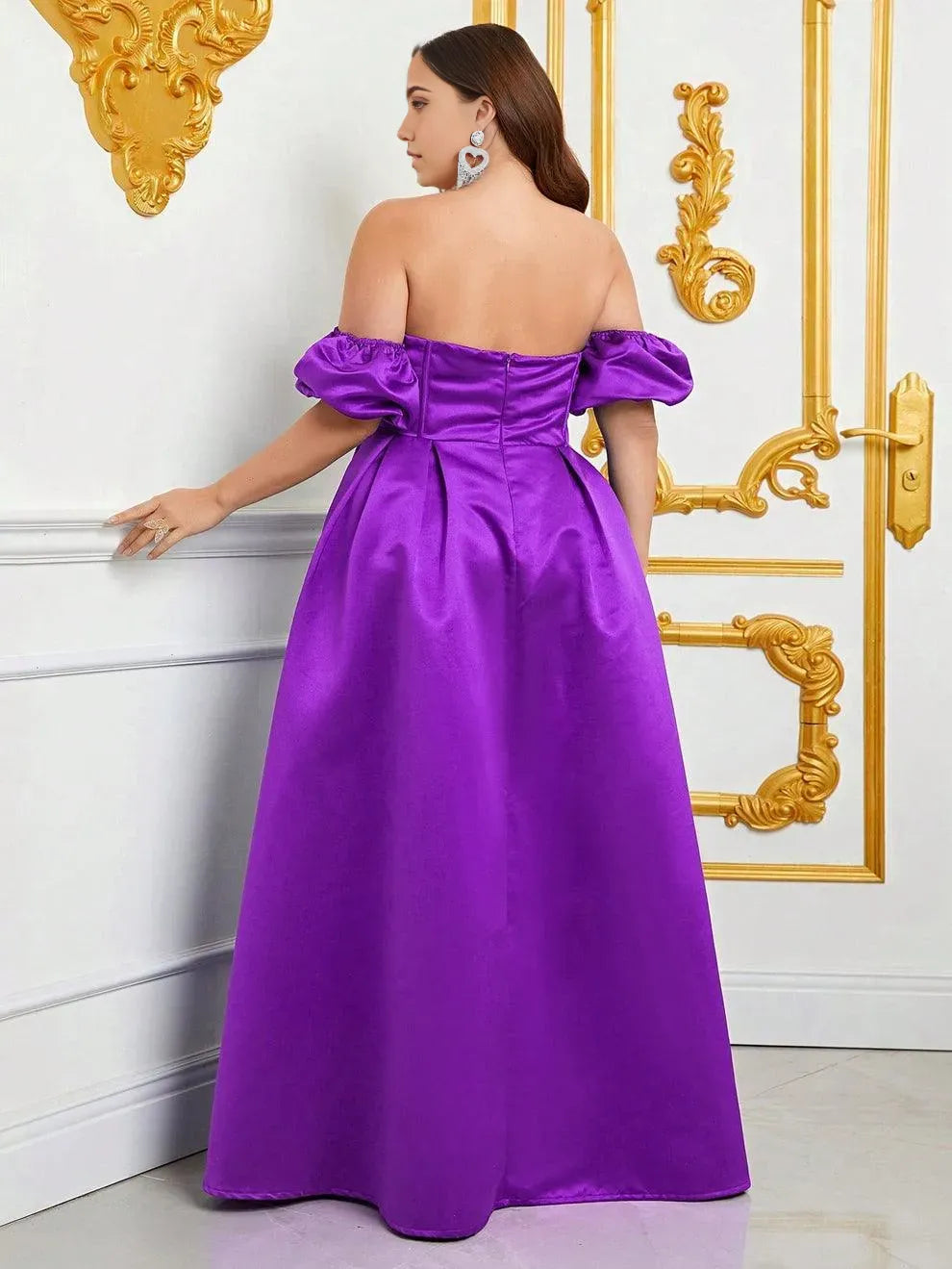 Robe de soirée élégante, épaules dénudées, manches bouffantes, buste froncé, robe de bal en satin, grande taille, noire, pour femme