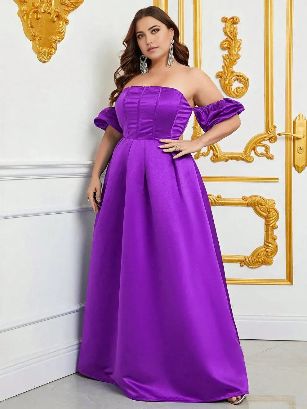 Robe de soirée élégante, épaules dénudées, manches bouffantes, buste froncé, robe de bal en satin, grande taille, noire, pour femme