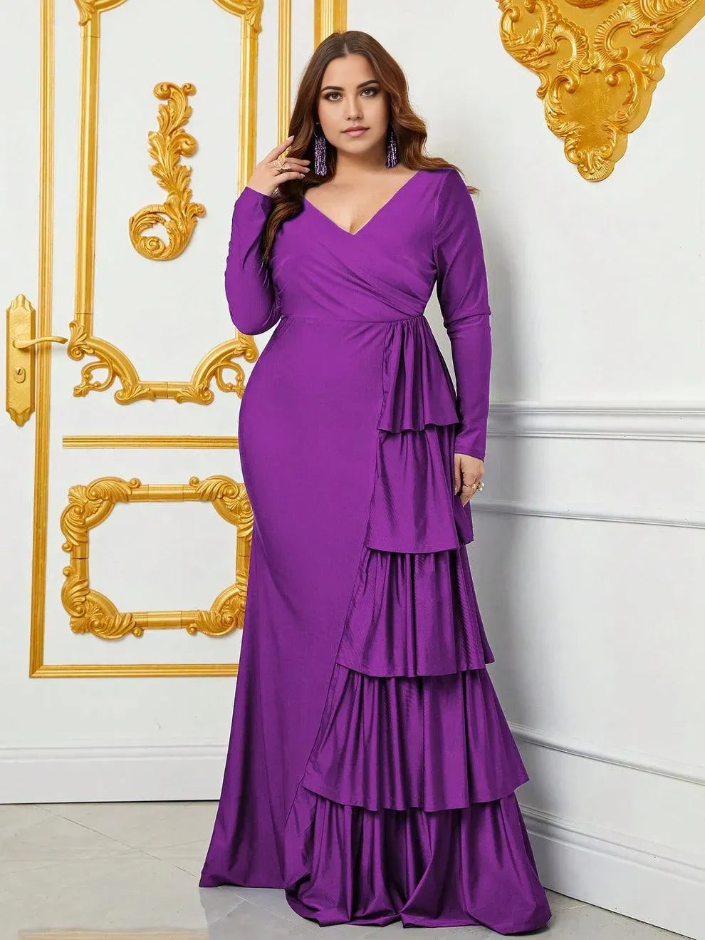 Robes de soirée élégantes/Robe sirène à col en V et manches longues drapées et volants/Robes de soirée grande taille/Robes de soirée pour femmes