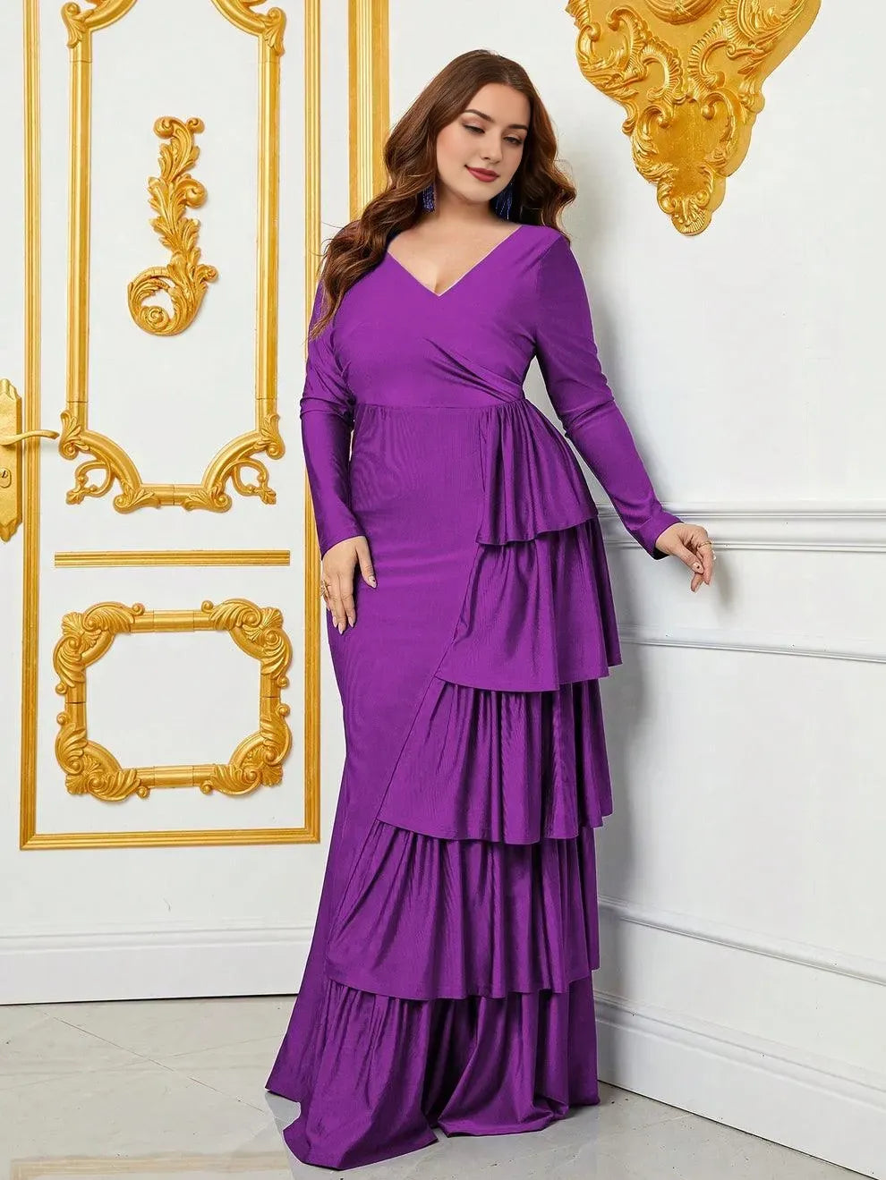 Robes de soirée élégantes/Robe sirène à col en V et manches longues drapées et volants/Robes de soirée grande taille/Robes de soirée pour femmes