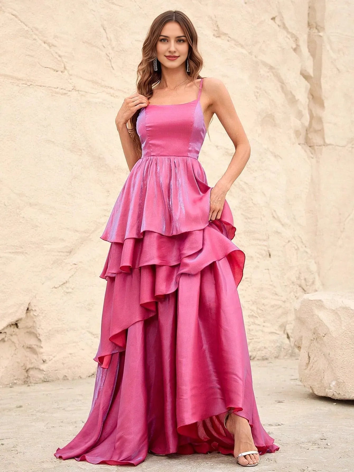 Elegant Evening Dresses/ Solid Elegant Layered Hem Spaghetti Straps Dresses Evening Dresses/ Evening Dresses For Women