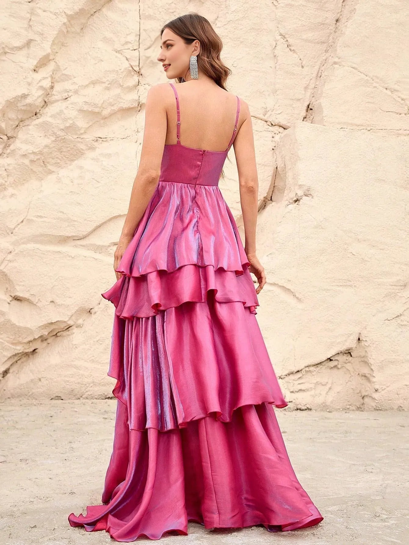 Elegant Evening Dresses/ Solid Elegant Layered Hem Spaghetti Straps Dresses Evening Dresses/ Evening Dresses For Women