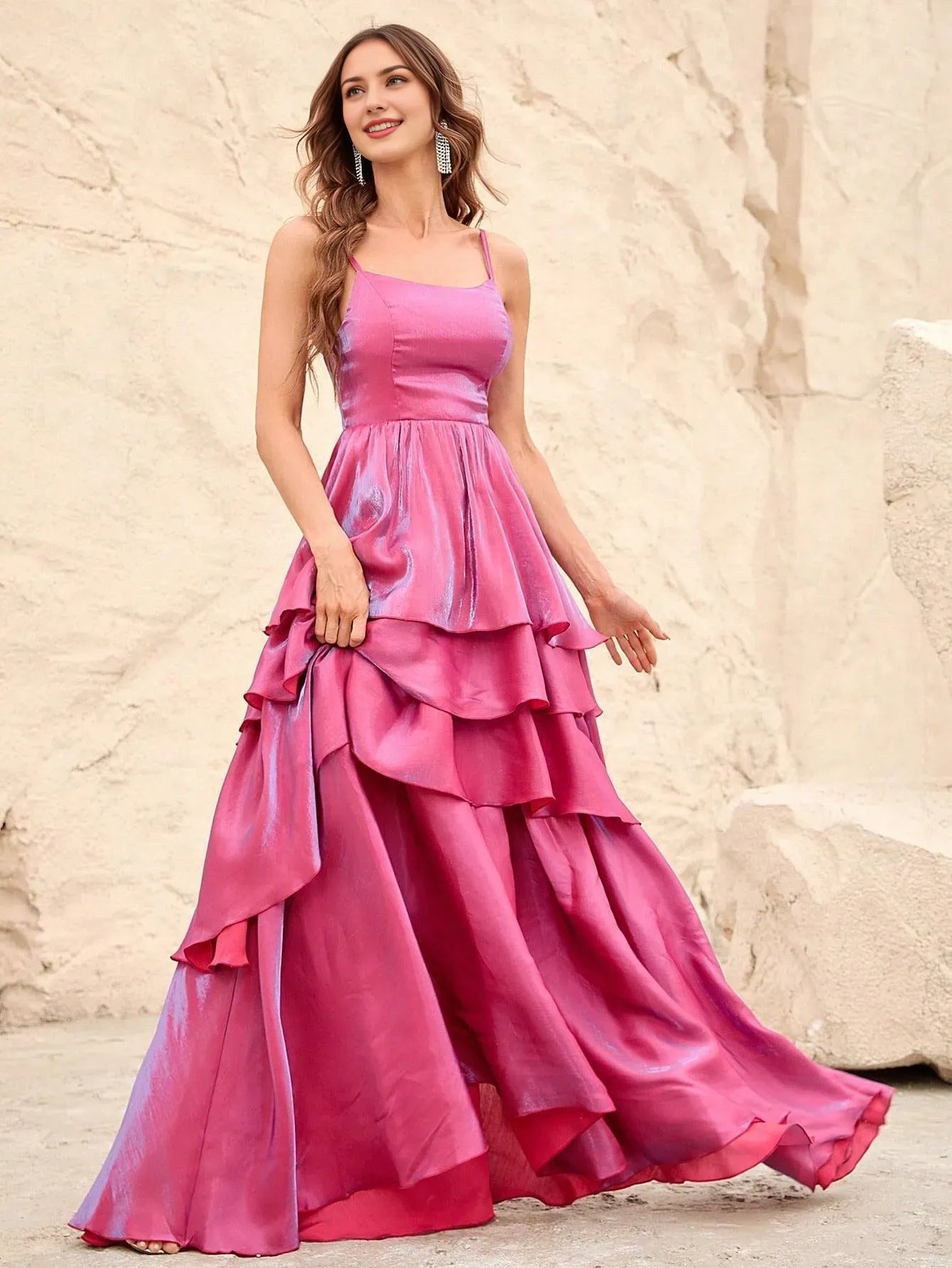 Elegant Evening Dresses/ Solid Elegant Layered Hem Spaghetti Straps Dresses Evening Dresses/ Evening Dresses For Women