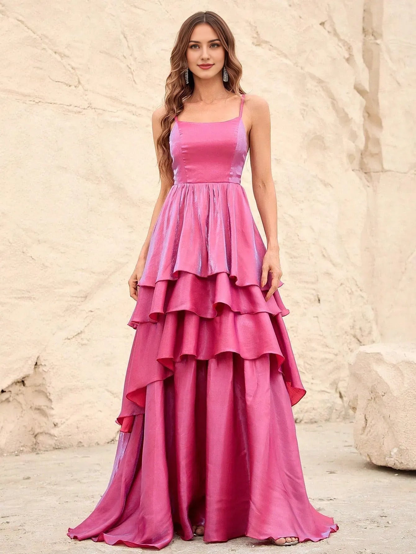 Elegant Evening Dresses/ Solid Elegant Layered Hem Spaghetti Straps Dresses Evening Dresses/ Evening Dresses For Women