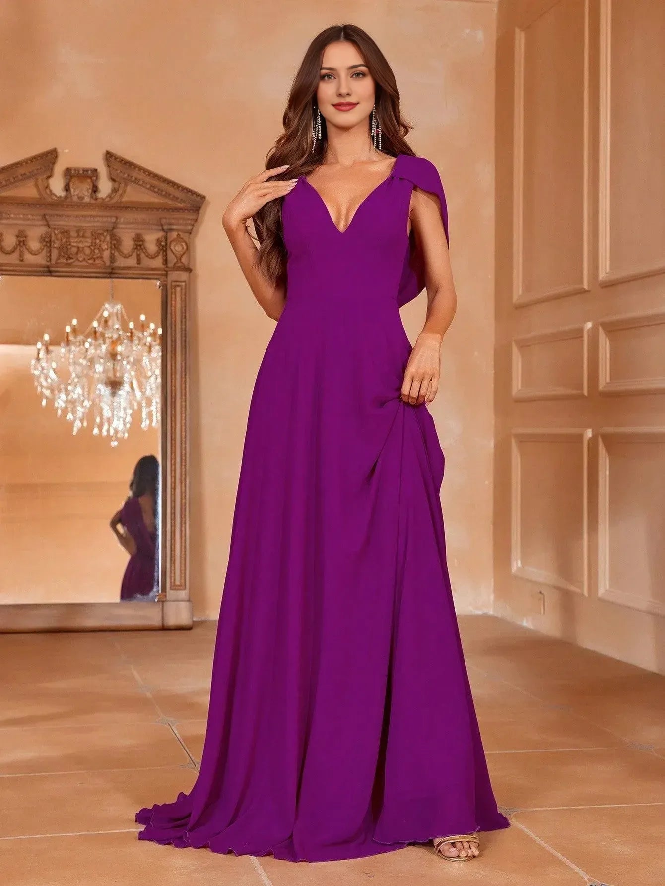 Vestidos de noche elegantes/Vestido de gasa de corte A con espalda drapeada y escote en V liso/Vestidos de noche para mujer