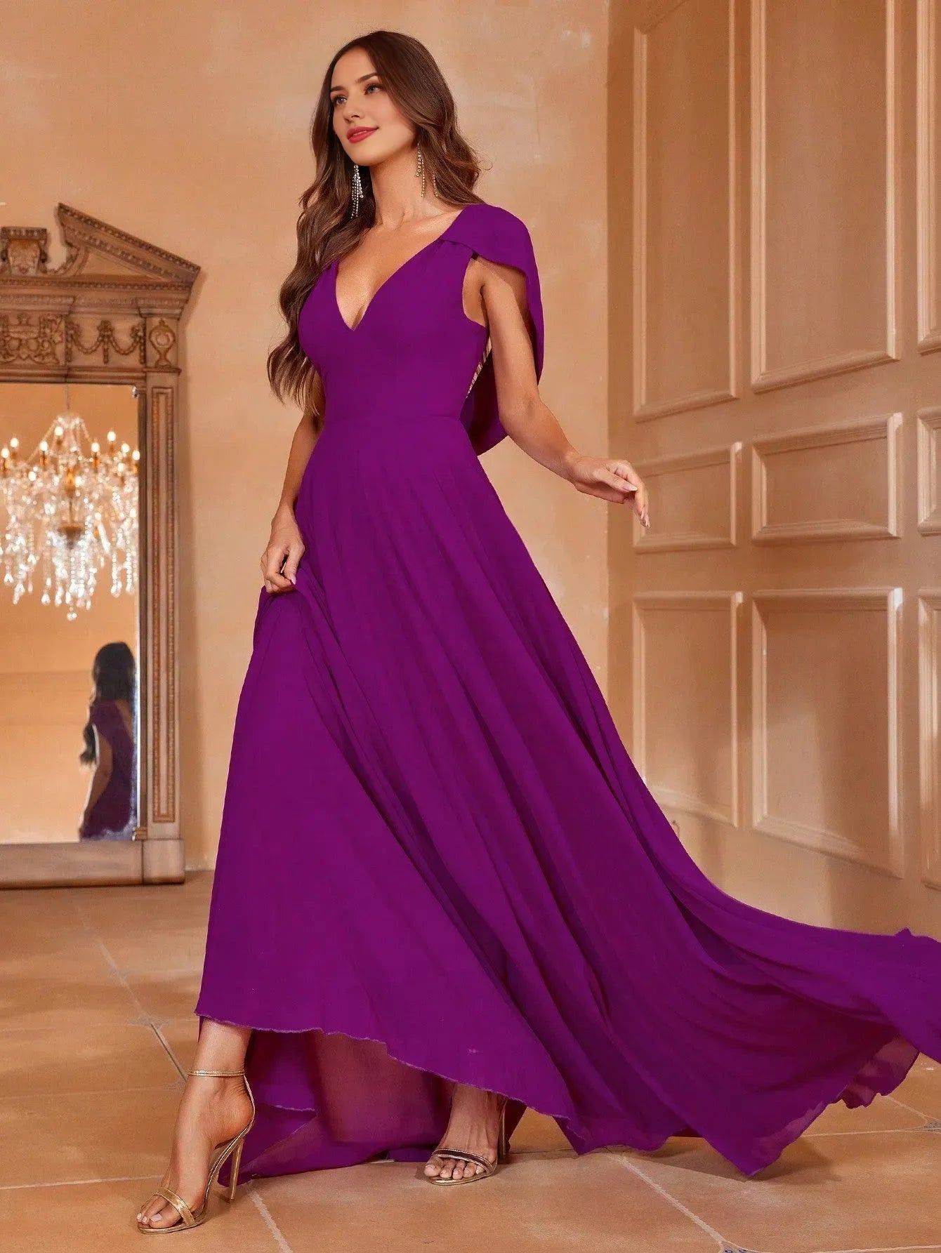 Elegant Evening Dresses/ Solid V Neck Draped Back Chiffon A Line Dress Evening Dresses/ Evening Dresses For Women