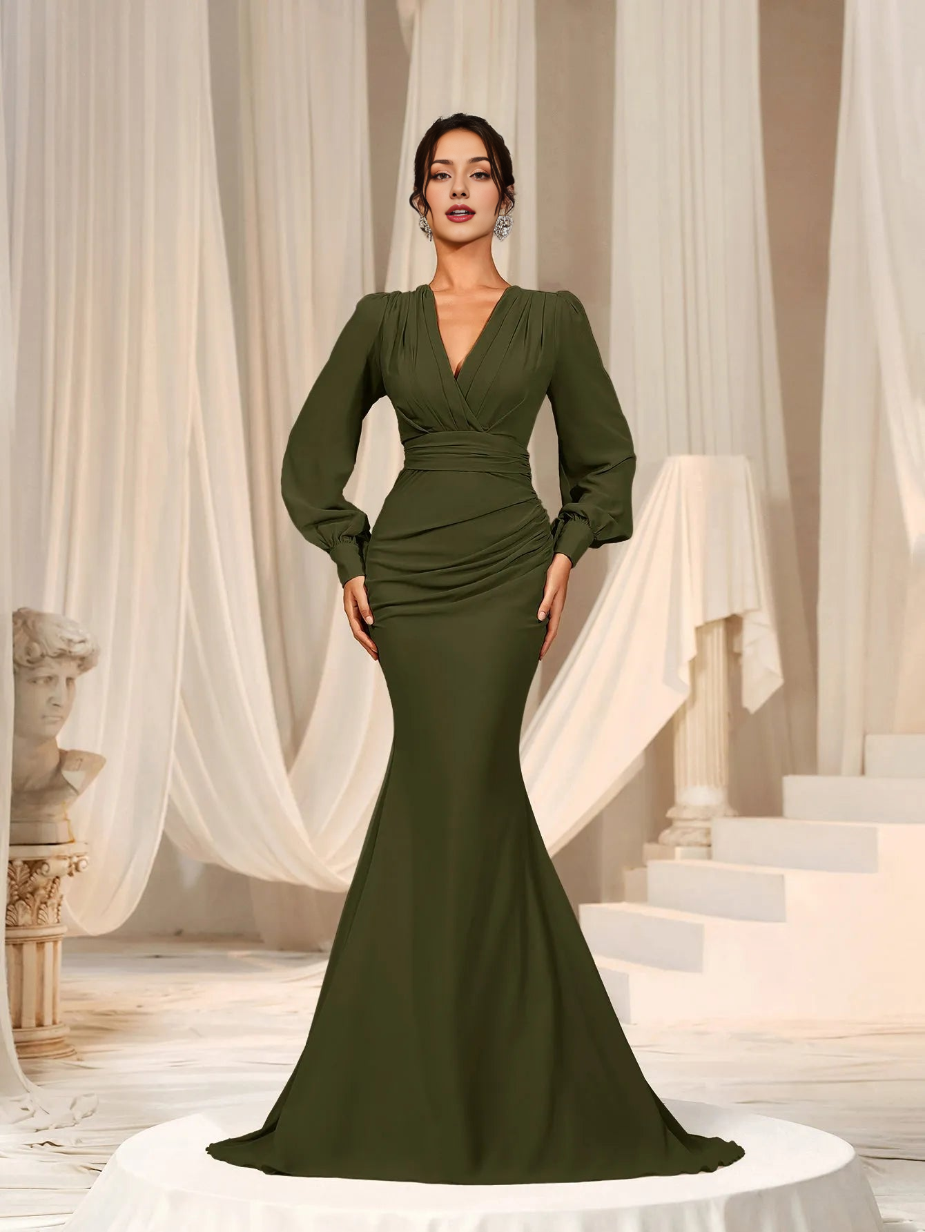 Elegant Evening Dresses/ Surplice Neck Lantern Sleeve Chiffon Mermaid Dress Evening Dresses/ Evening Dresses For Women