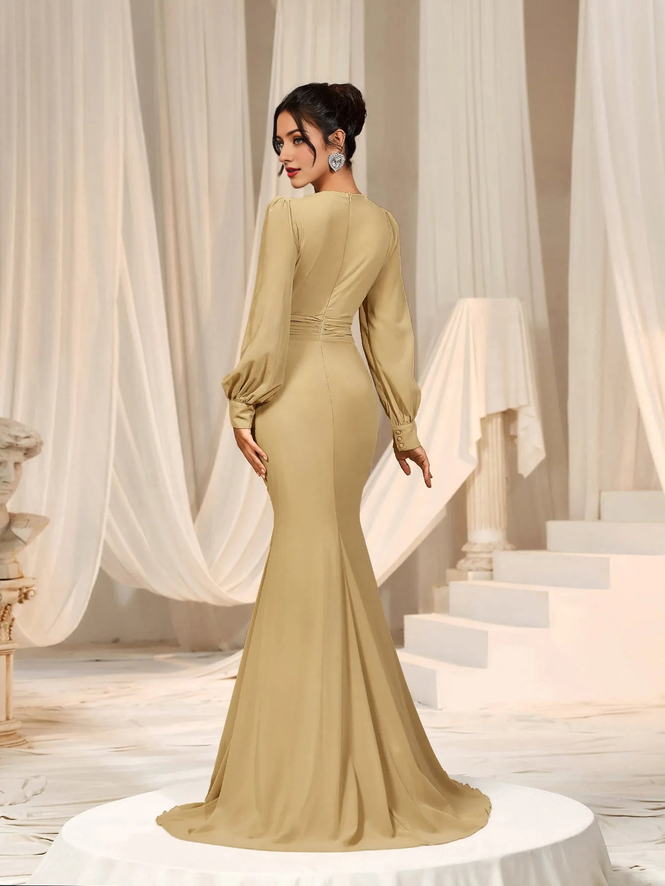 Elegant Evening Dresses/ Surplice Neck Lantern Sleeve Chiffon Mermaid Dress Evening Dresses/ Evening Dresses For Women