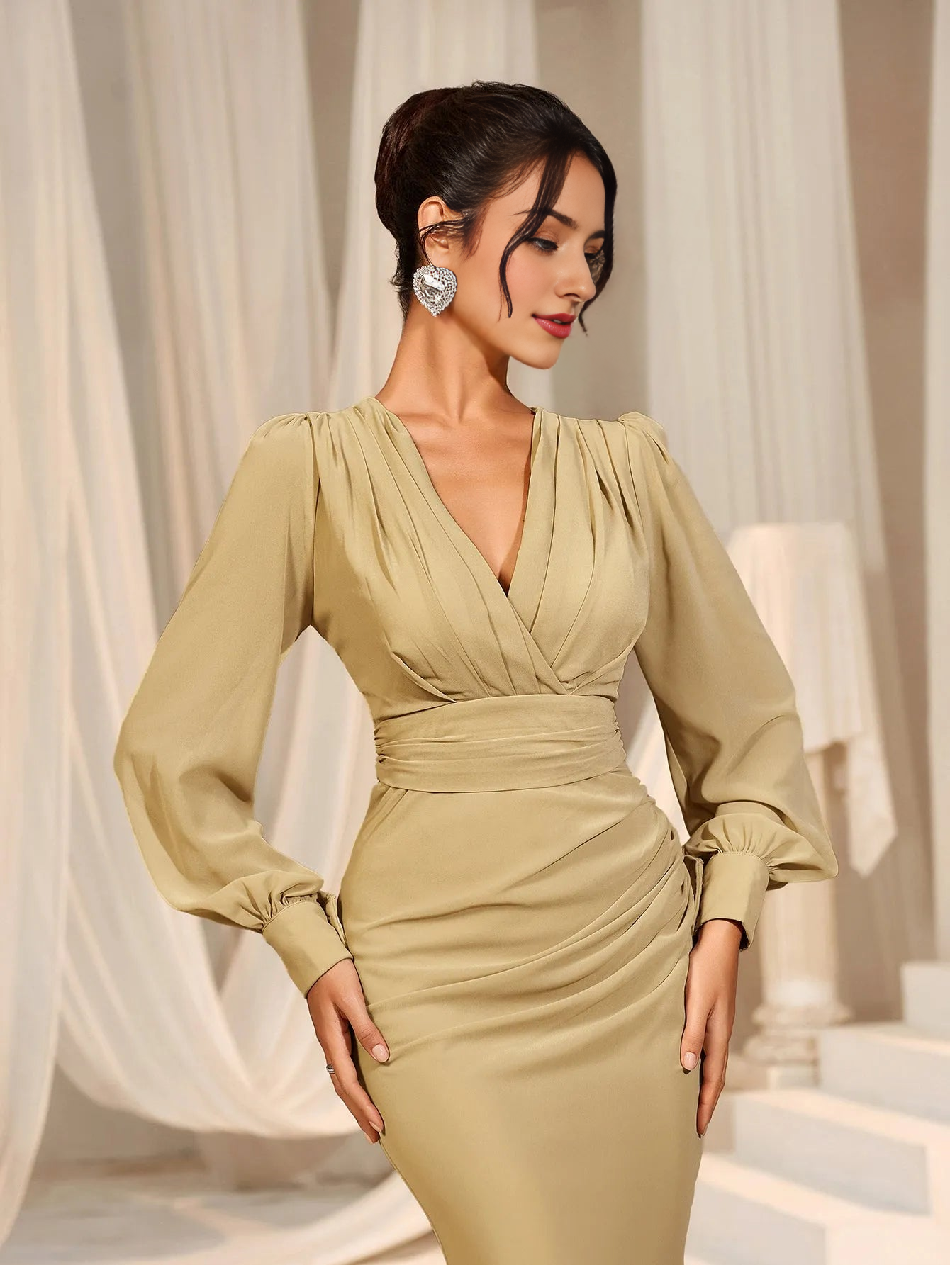 Elegant Evening Dresses/ Surplice Neck Lantern Sleeve Chiffon Mermaid Dress Evening Dresses/ Evening Dresses For Women