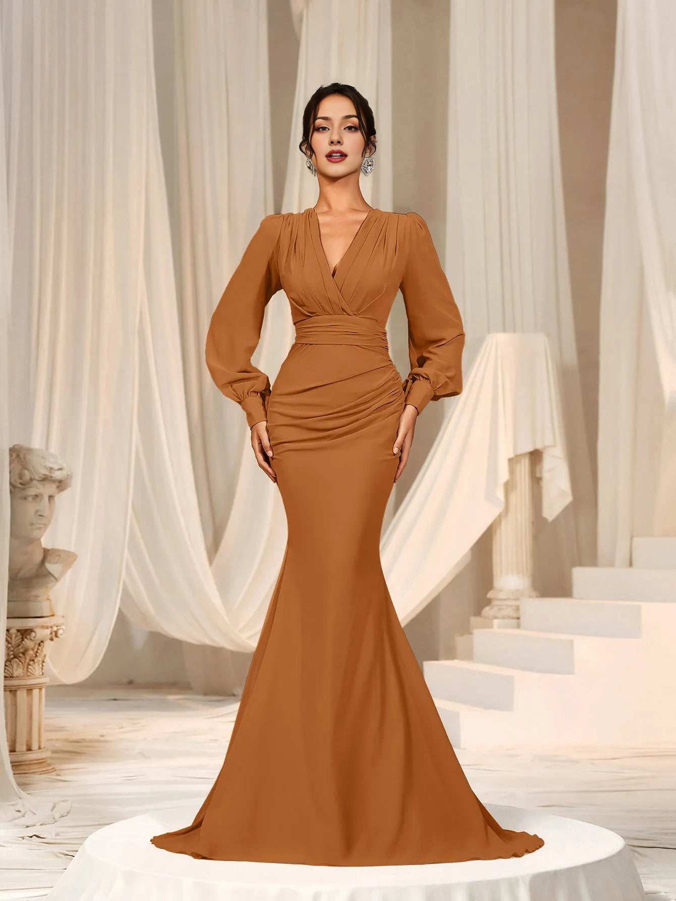 Elegant Evening Dresses/ Surplice Neck Lantern Sleeve Chiffon Mermaid Dress Evening Dresses/ Evening Dresses For Women