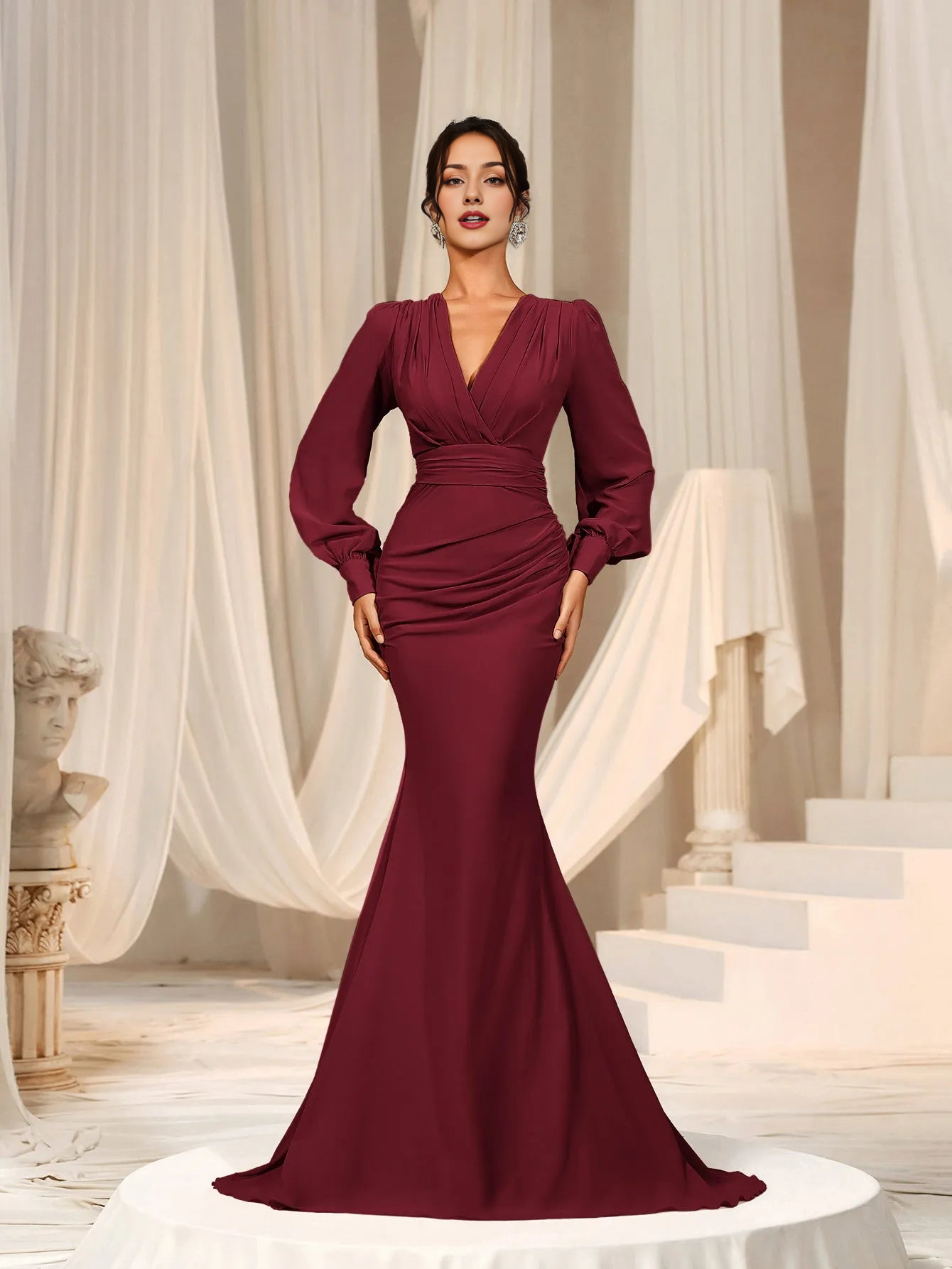 Elegant Evening Dresses/ Surplice Neck Lantern Sleeve Chiffon Mermaid Dress Evening Dresses/ Evening Dresses For Women