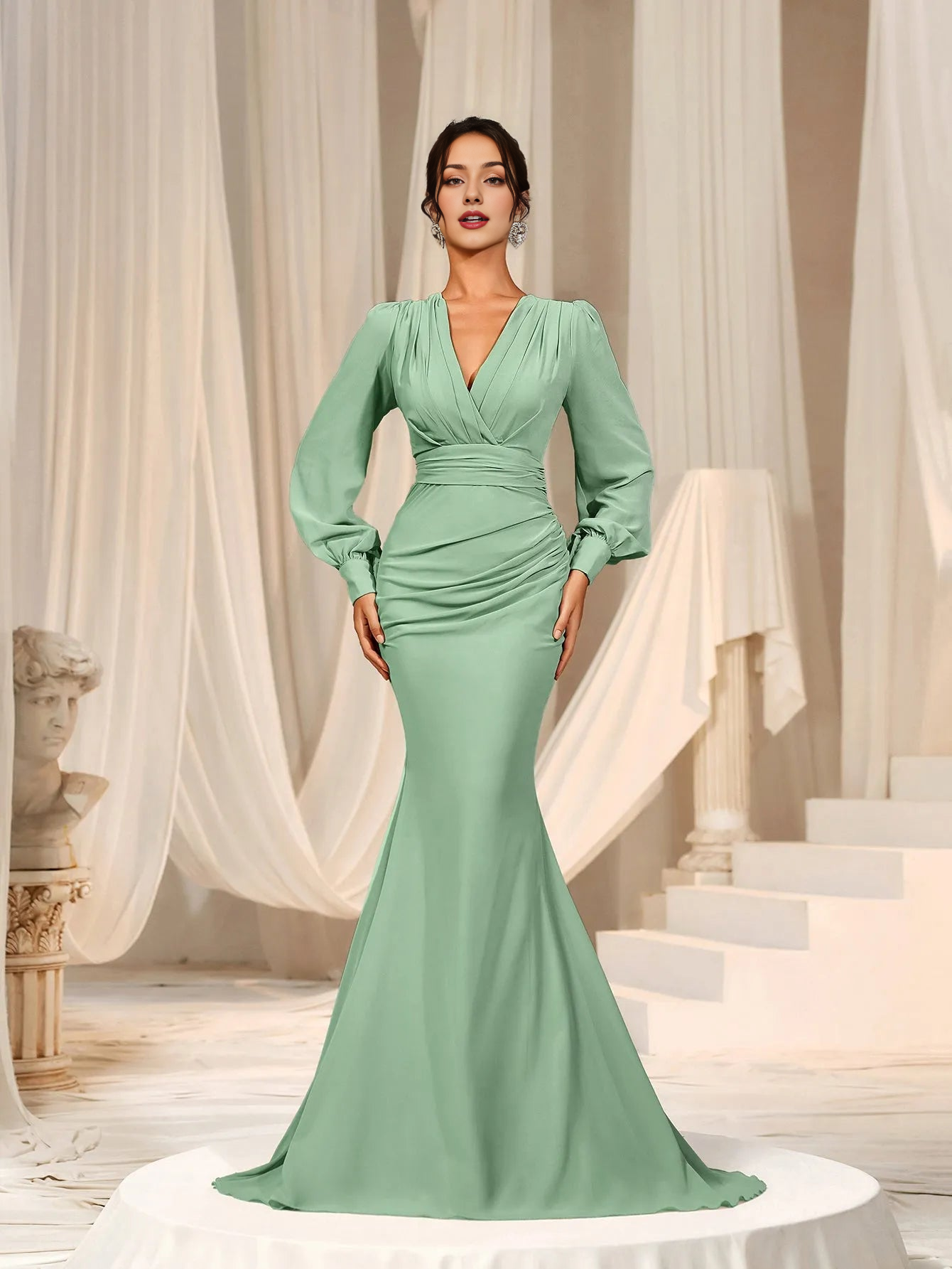 Elegant Evening Dresses/ Surplice Neck Lantern Sleeve Chiffon Mermaid Dress Evening Dresses/ Evening Dresses For Women