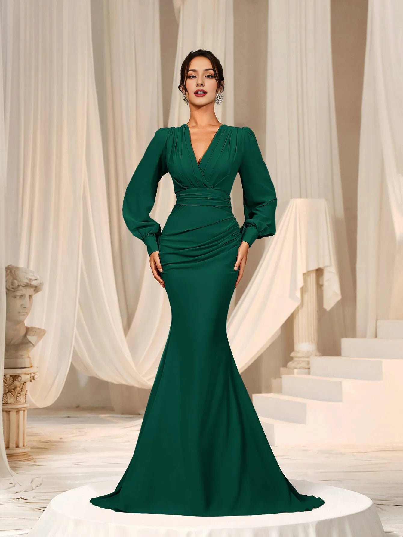 Elegant Evening Dresses/ Surplice Neck Lantern Sleeve Chiffon Mermaid Dress Evening Dresses/ Evening Dresses For Women